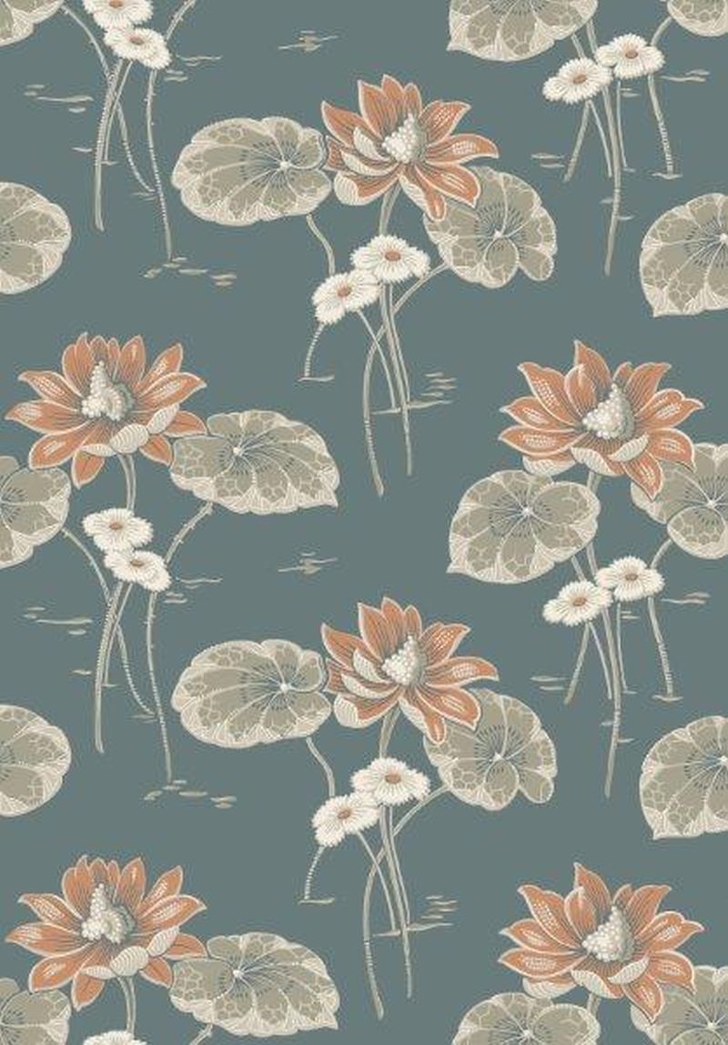 Papel pintado flores azul, rojo barro cocido y verde grisáceo - 53 cm x 10.05 m - borastapeter