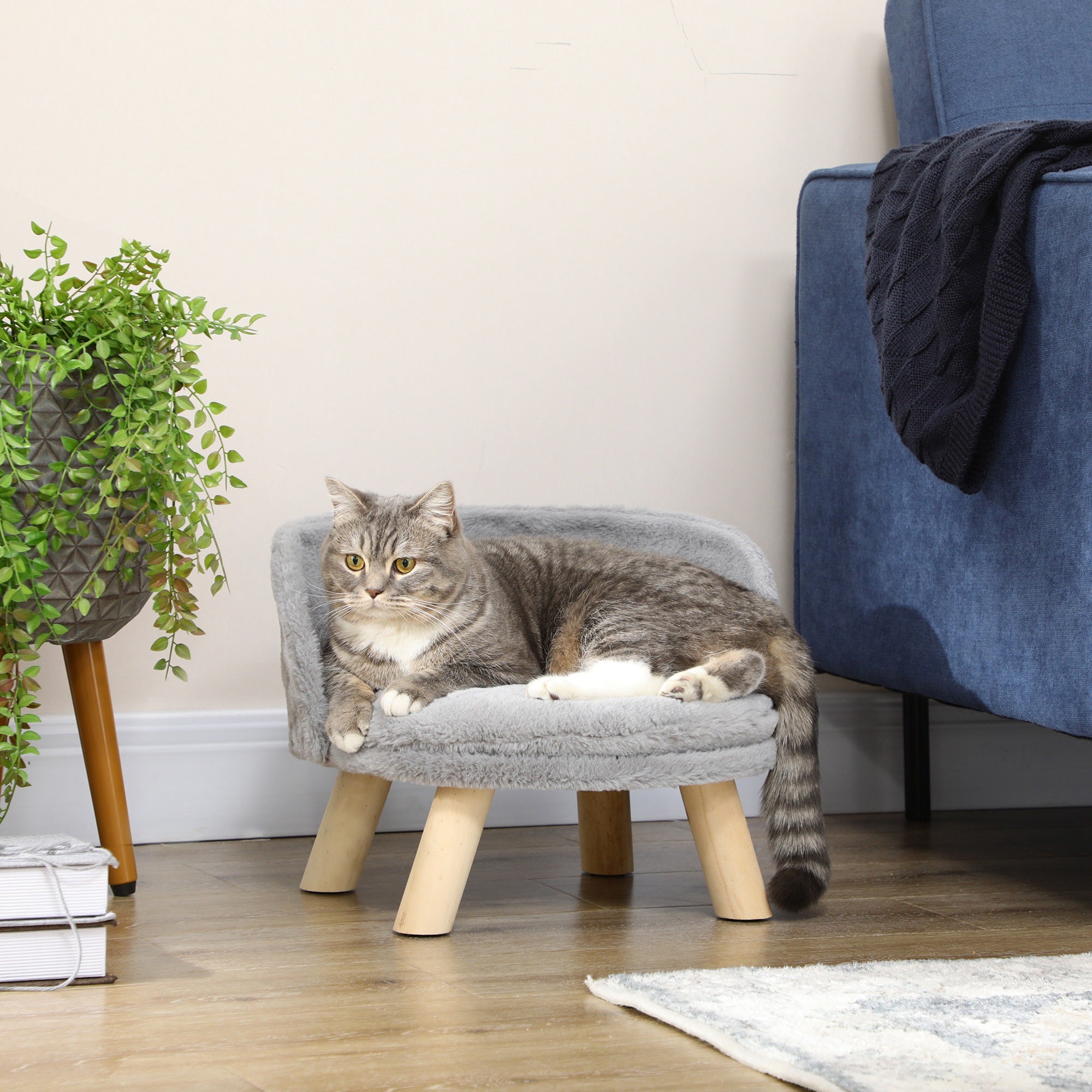 PawHut Divano per Gatti e Cani Rotondo in Peluche e Legno con Cuscino Extra, Ø40.5x33 cm, Grigio - 2