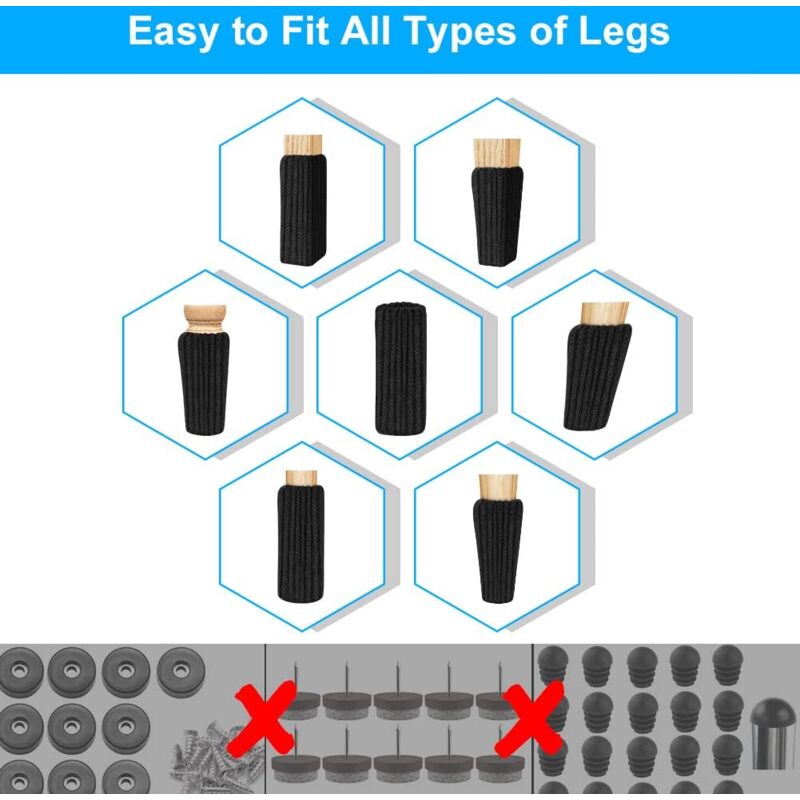 Chaussette Chaise pour Pieds de Chaise, 24pcs Chaussettes de Chaise Mobilier en Feutre, Patins Antidérapants, Évitez Les Rayures et Le Bruit, Noir - 4