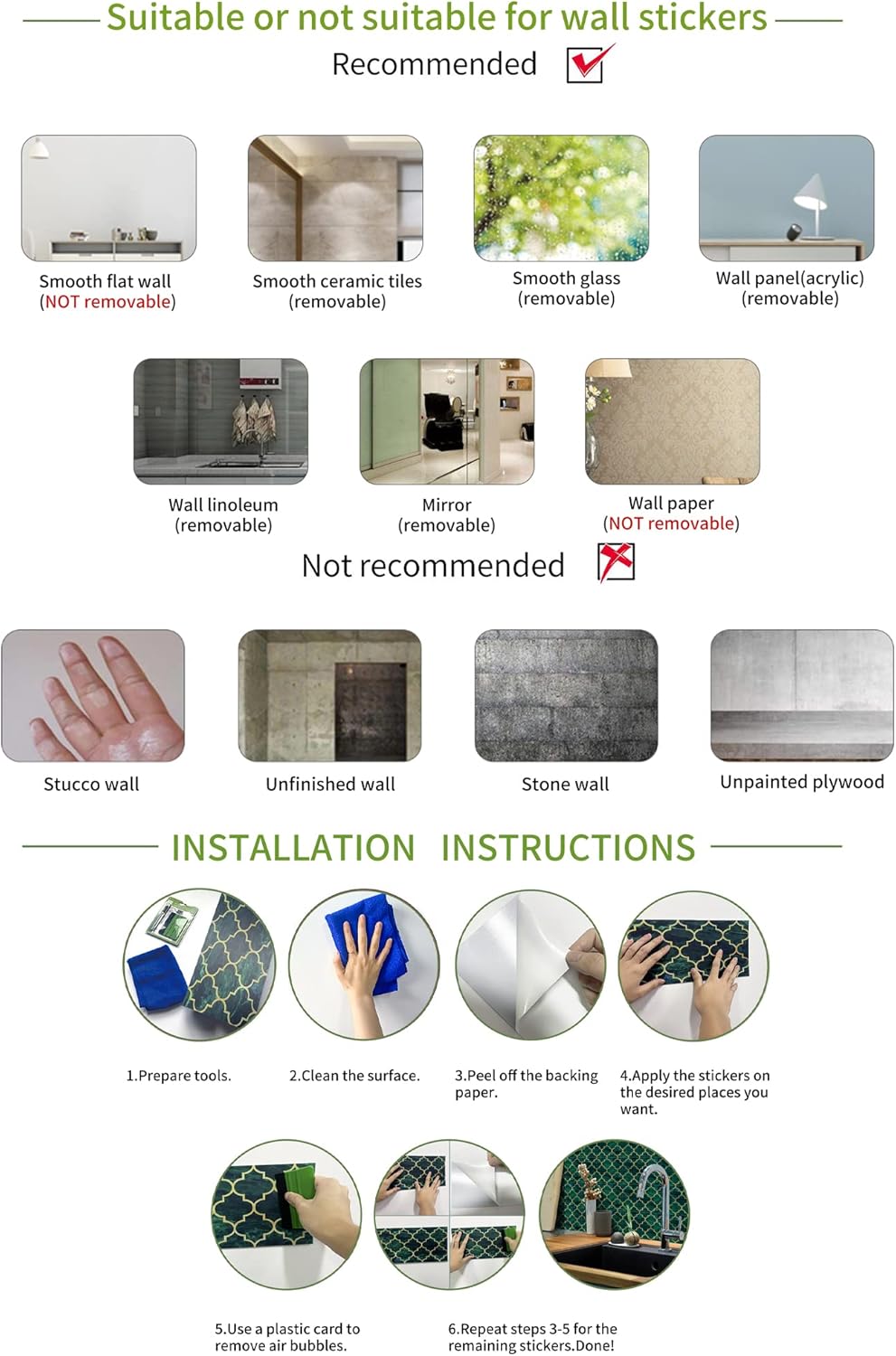 12 autocollants pour carrelage mural et sol en PVC, autocollants pour carrelage de cuisine et de salle de bain, décoller et coller, vert, 30 x 15 cm - 5