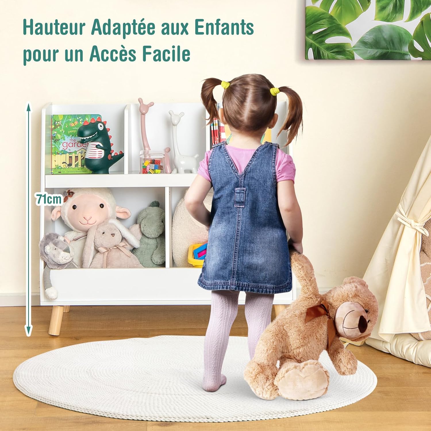 Libreria per Bambini a 5 Cubi, Scaffale Portagiochi a 2 Livelli con Gambe in Legno e Kit Antiribaltamento, per Stanza dei Giochi Camera da Let - 8