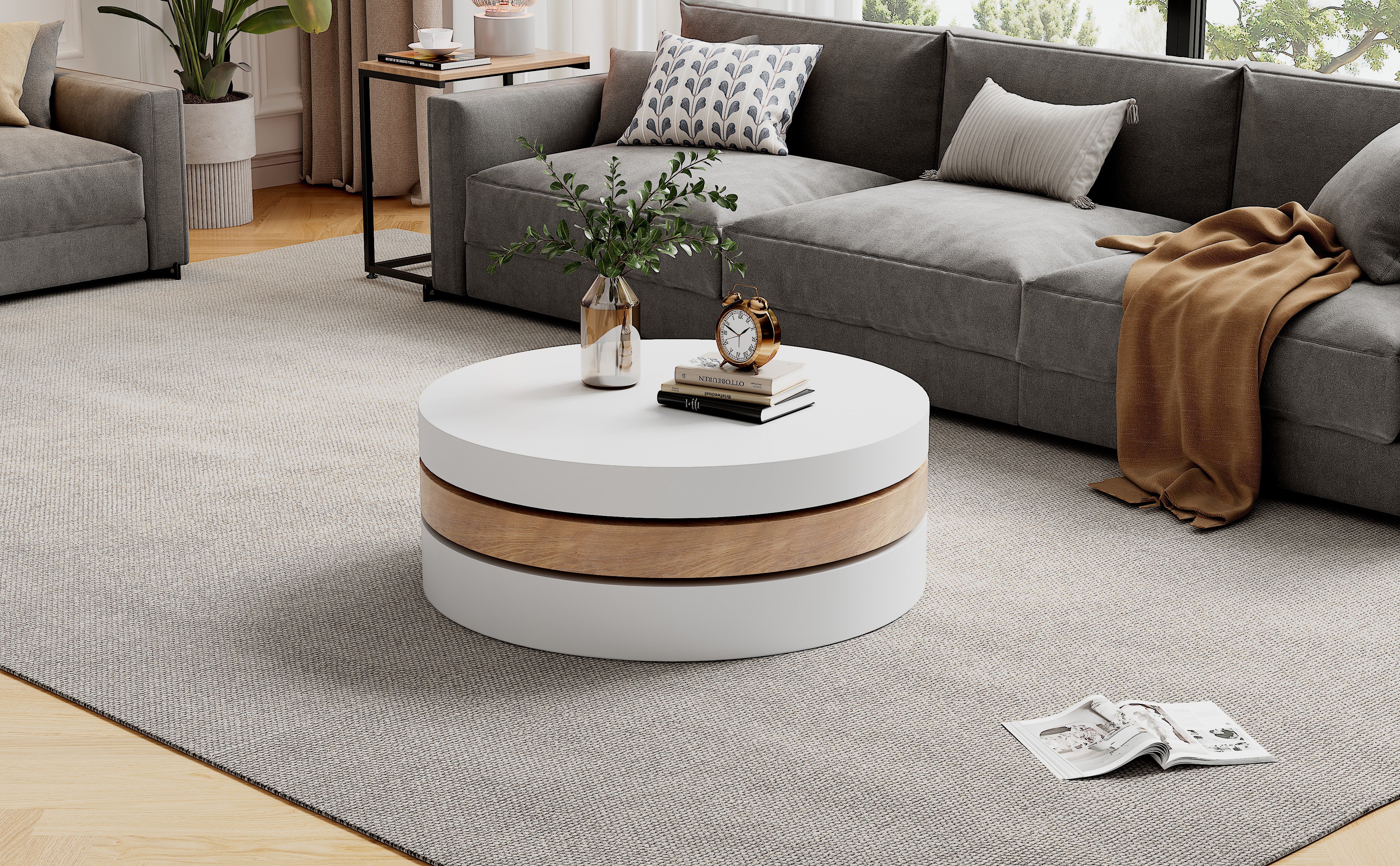 Table basse cylindrique de 60 × 60 × 35,1 cm, table supérieure tournant librement à 360°, table tournante de salon, canapé triple, 3 rangements - 5