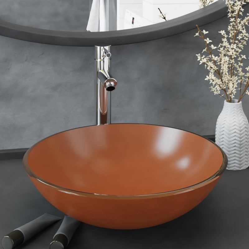 Umywalka łazienkowa z kranem i korkiem, brąz, szkło hartowane vidaXL