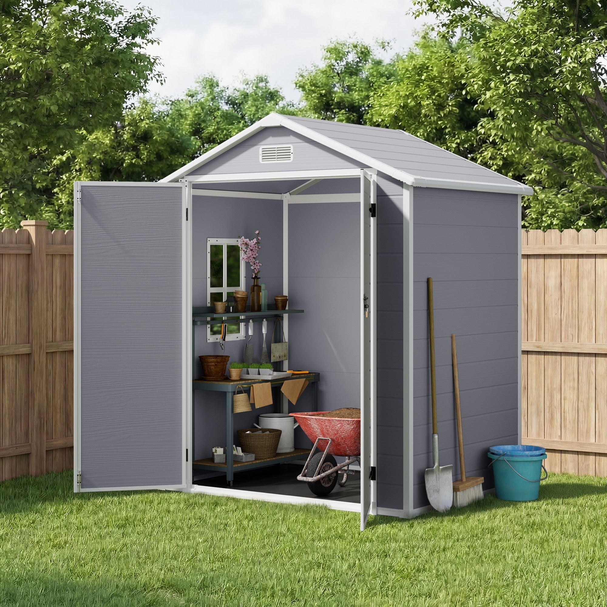Cobertizo De Jardín De Resina Impermeable Y Antirrayos UV, Con Ventana Y Cerradura, 170x123cm, Gris Almacenamiento Exterior Para Herramientas - 2