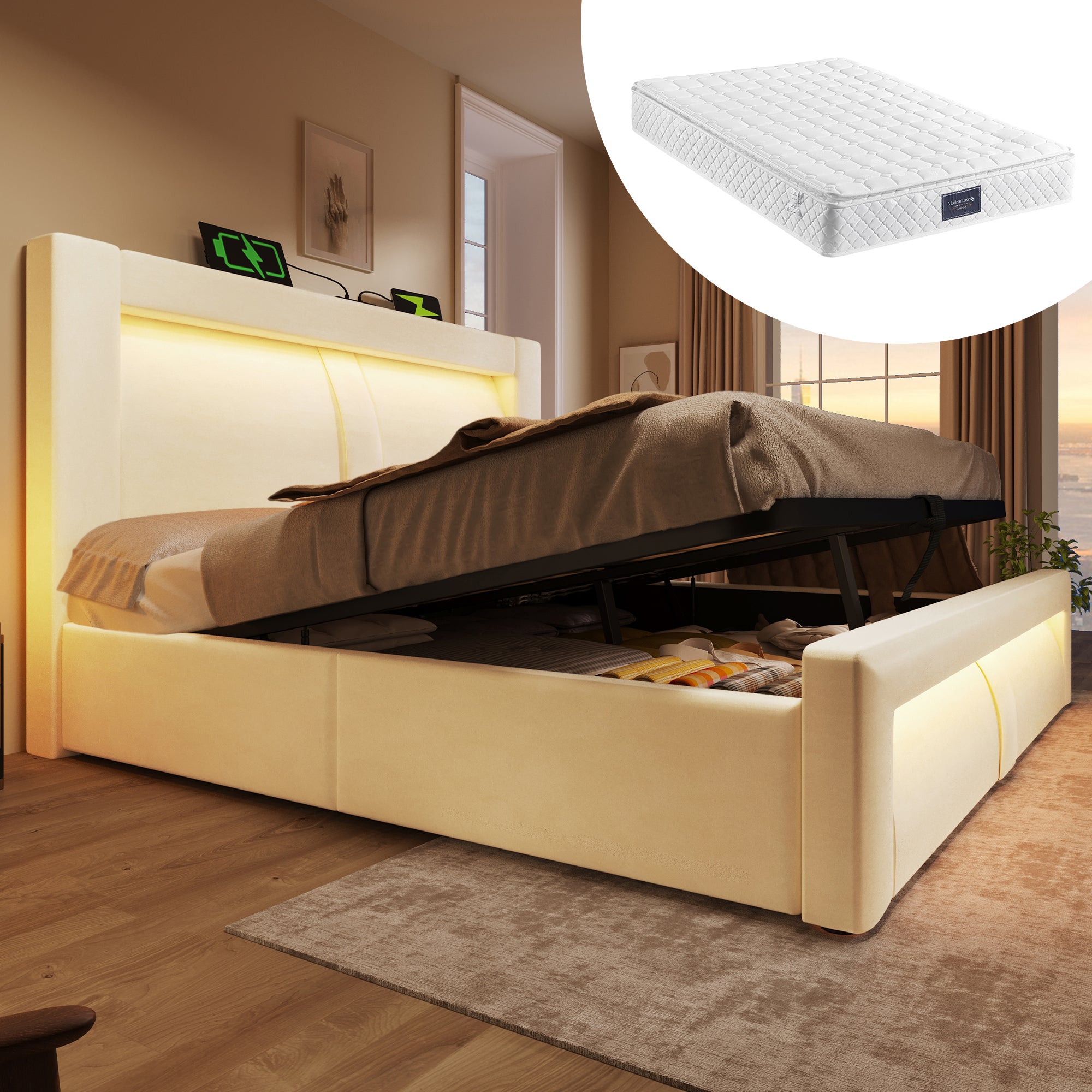 Łóżko z pojemnikiem na pościel 160 x 200 cm i zagłówkiem - Aksamit - Porty USB i Type-C + diody LED - dla dzieci - Beżowe (Z materacem)