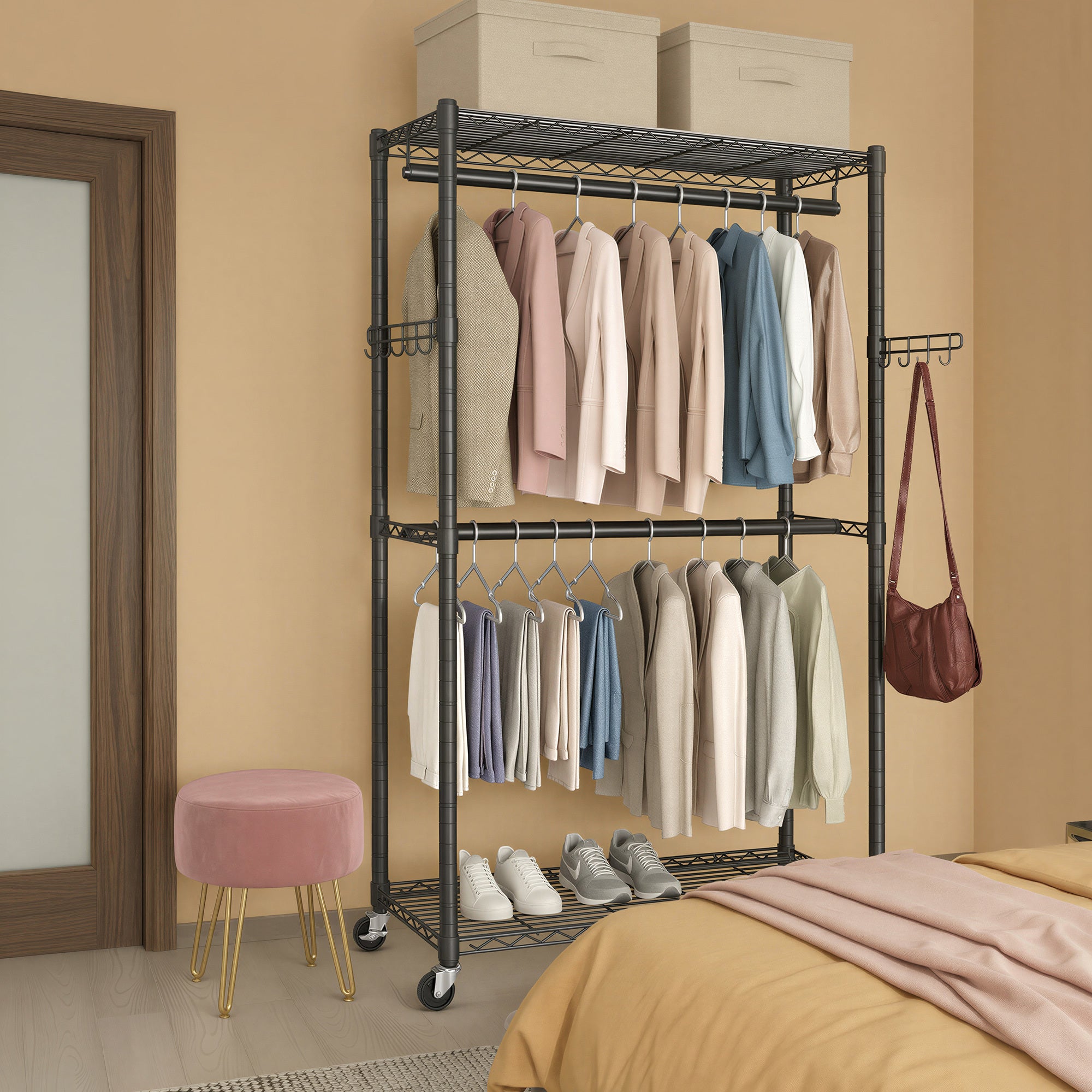 Portant Mobile en Métal, Penderie avec Crochets et Étagères Réglables, pour Chambre, 90 x 40 x 199 cm, Noir - 3
