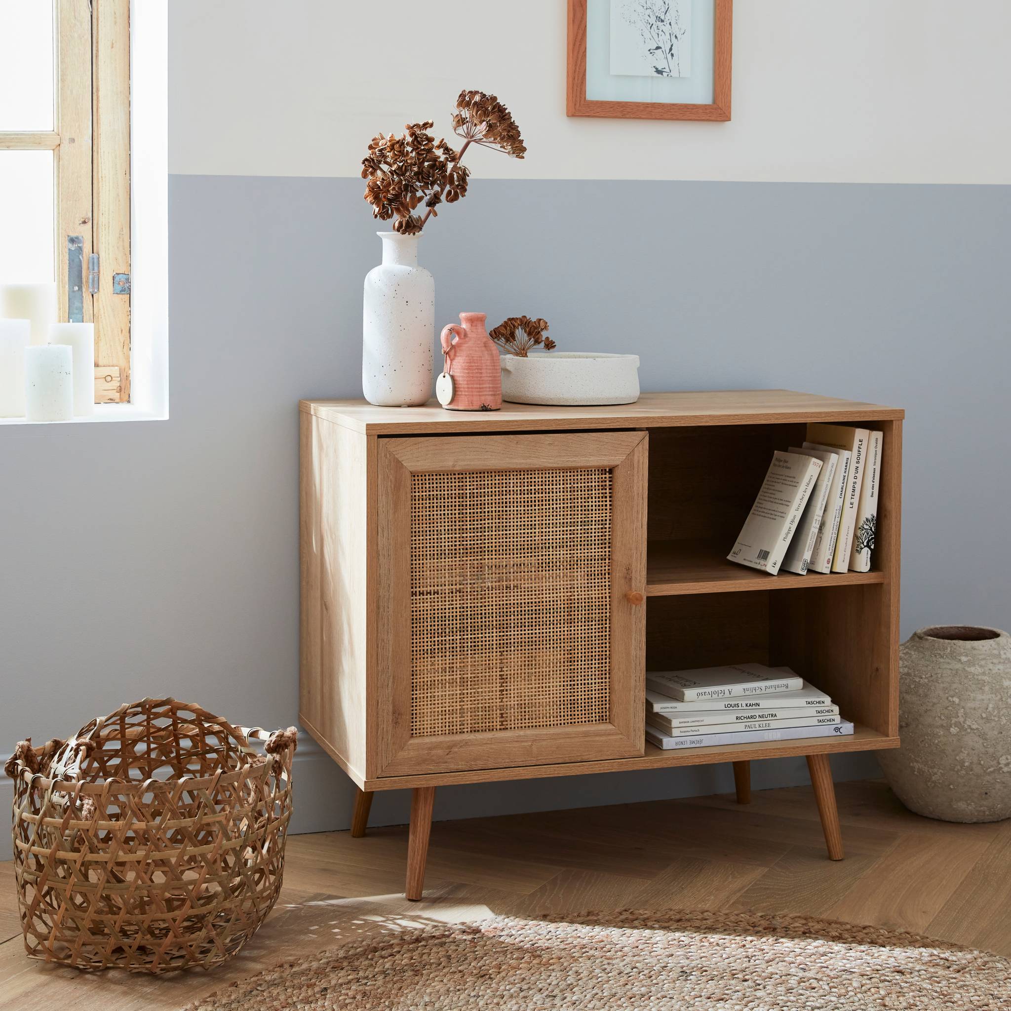 Credenza in cannage, 1 anta, 80cm, Marrone naturale - 2