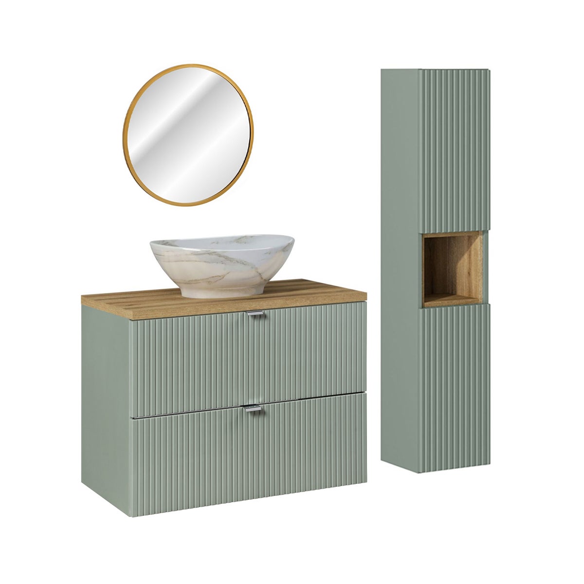 Ensemble meuble simple vasque 80cm 2 tiroirs miroir LED et colonne Jade Vert et Bois - 2