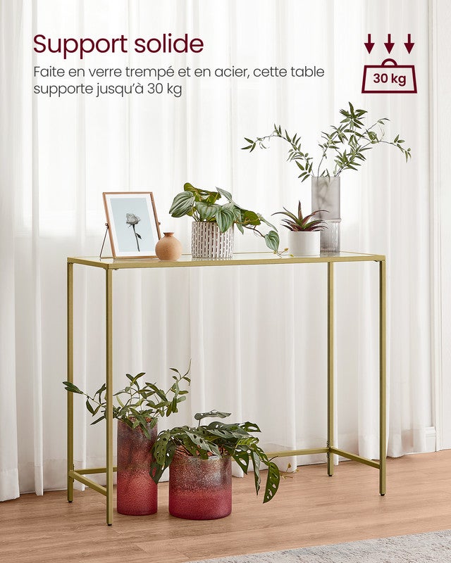 Table Console, Table d'Entrée, Bout de Canapé, Dessus de Table en Verre Trempé, Montage Facile, Pieds Réglables, Doré Clair et Transparent - 3