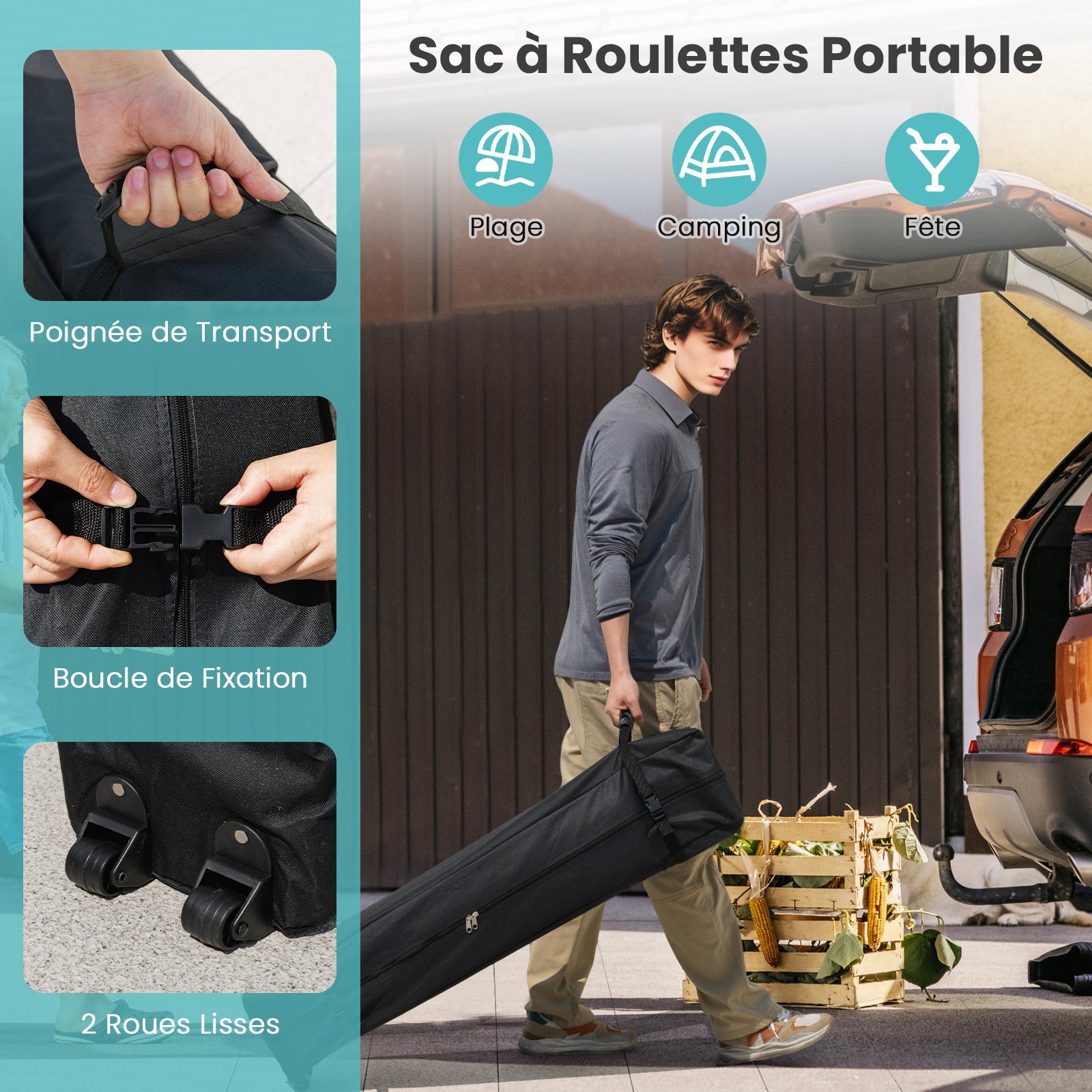 Carpa Plegable 3x3 m Impermeable, Cenador Jardin con Bolsa de Transporte sobre Ruedas, Altura Ajustable, Pergola Exterior con 4 Sacos de Arena (Gris) - 4