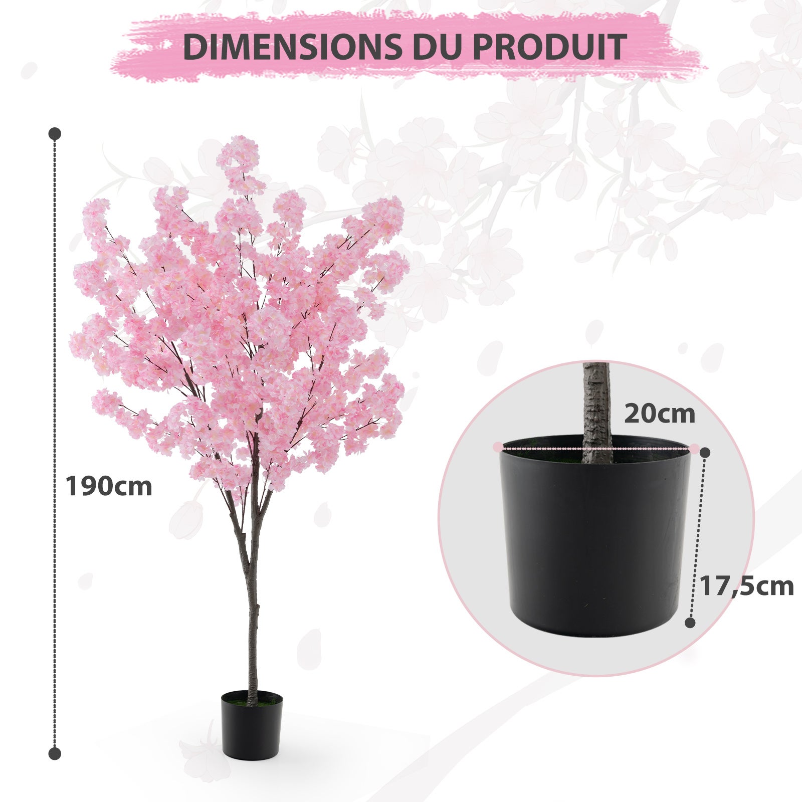 Plante Artificielle en Pot Ciment 190CM avec 900 Fleurs Roses, Fausse Cerisier avec Troncs de PE Simulés, Décoration Moderne pour Salon Bureau - 3