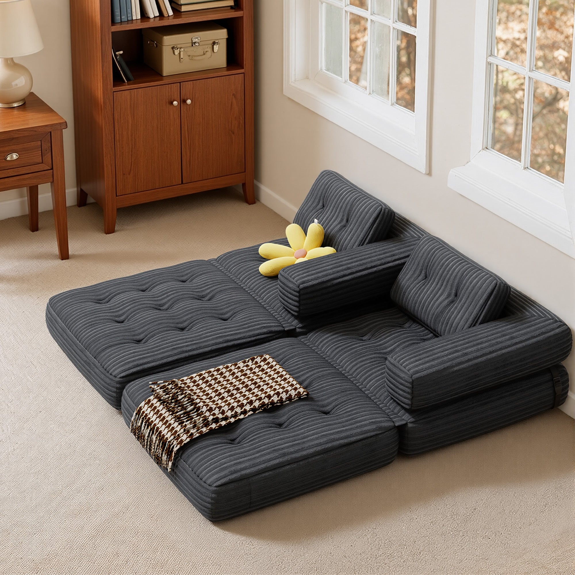 Bealife Canapé Convertible Fauteuil Lit 1 Place en L Gris foncé Velours Côtelé Longue Coussin 85 x 85 cm - 6
