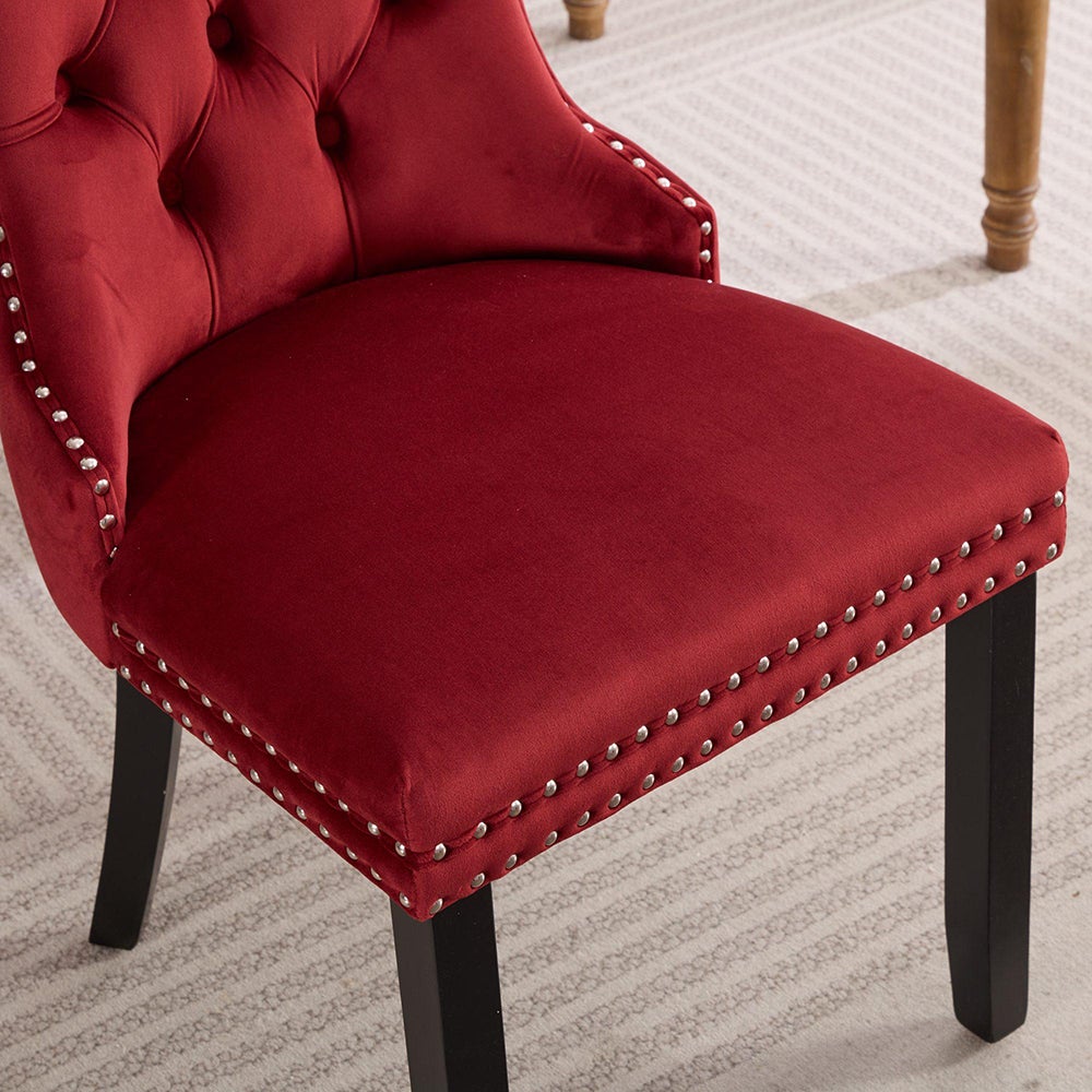 Lot de deux chaises de salle à manger, avec pieds en bois, bois massif, velours,rouge - 6