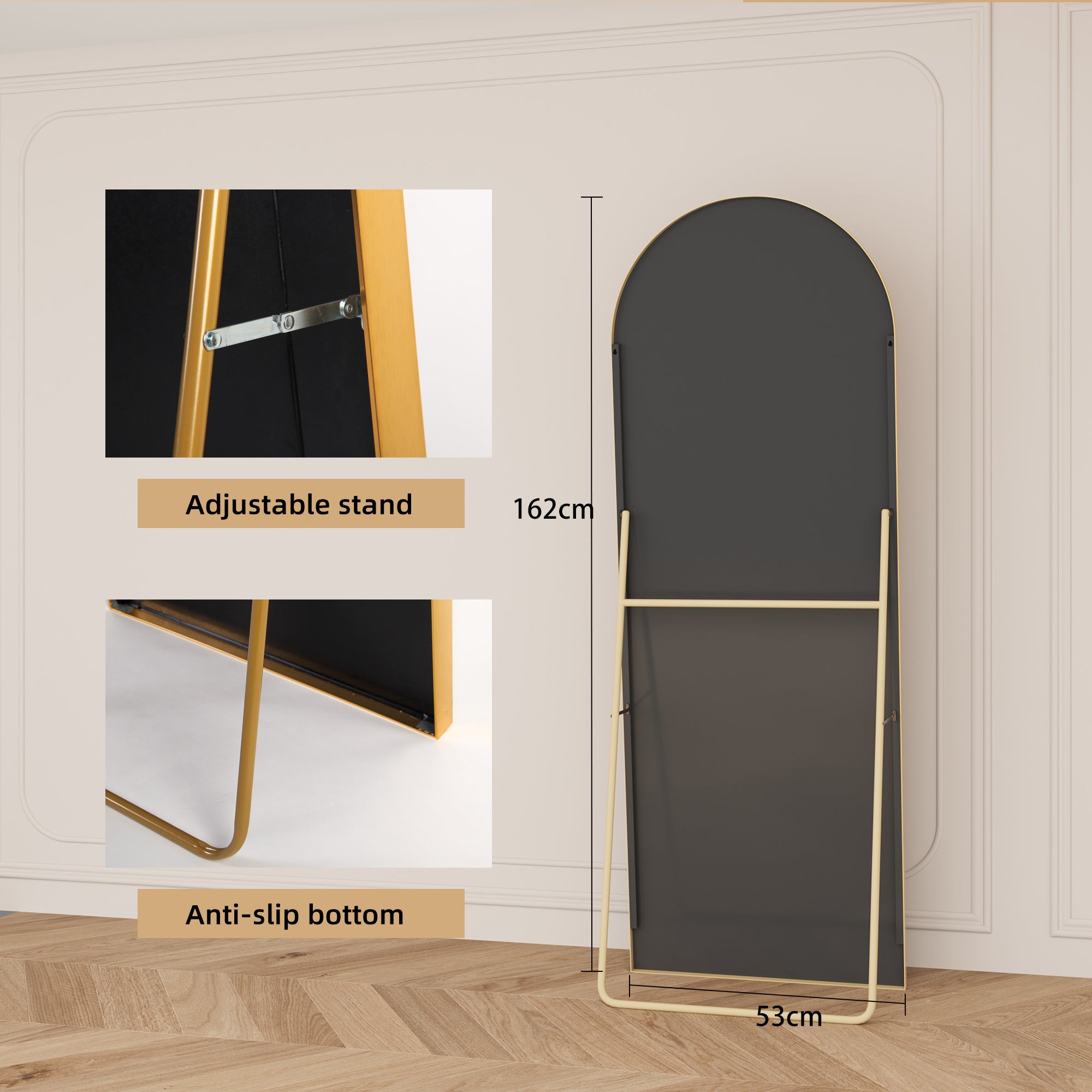 Miroir sur pied 162 x 53 cm–Miroir sur pied incurvé au cadre en alliage d’aluminium,idéal pour chambre,dressing,salon–Design moderne,doré - 8