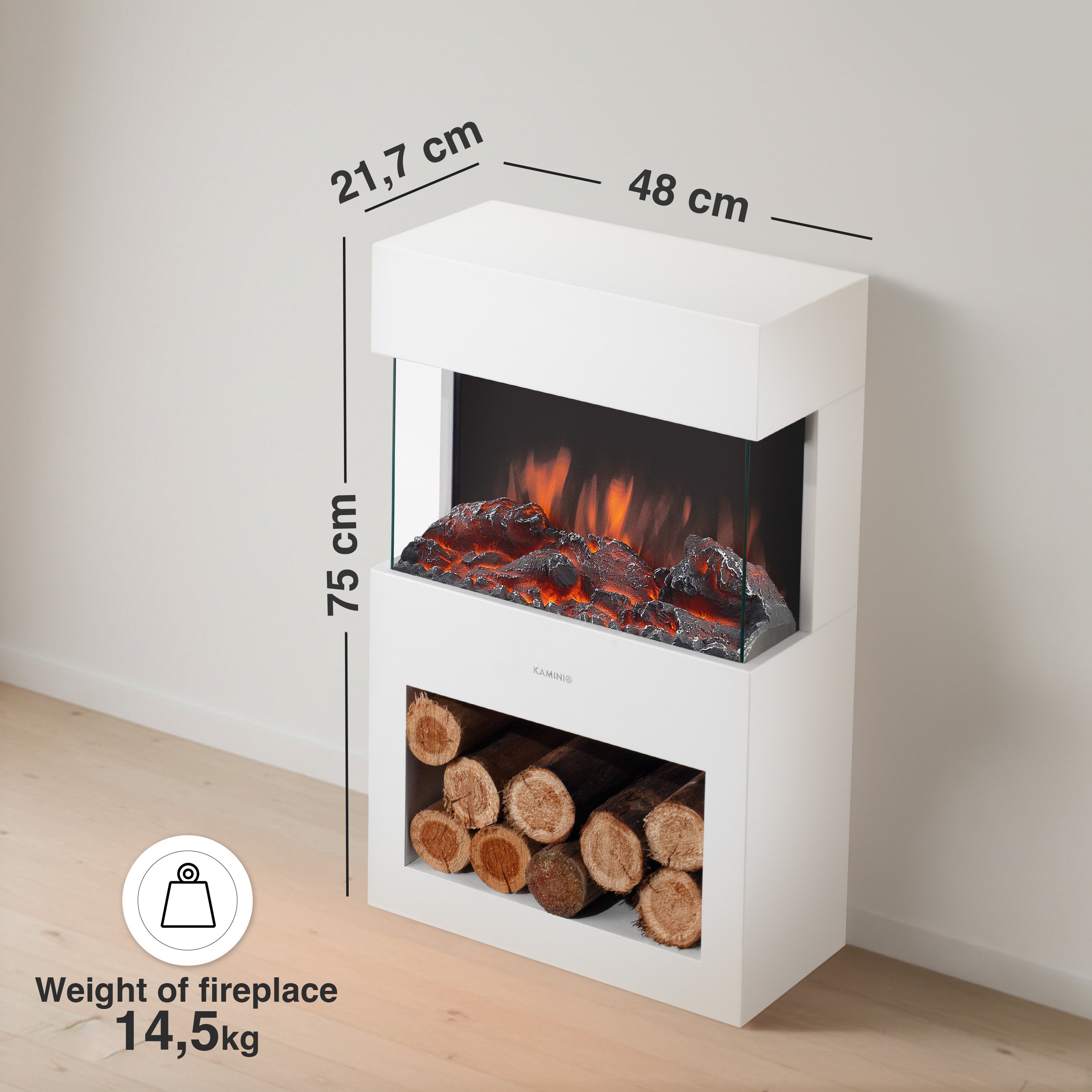 KAMINIO Cheminée électrique HENRI - Poêle électrique avec Chauffage, Effet de Flamme 3D, lumière d'ambiance LED, Casier à Bois, télécommande - Blanc - 6