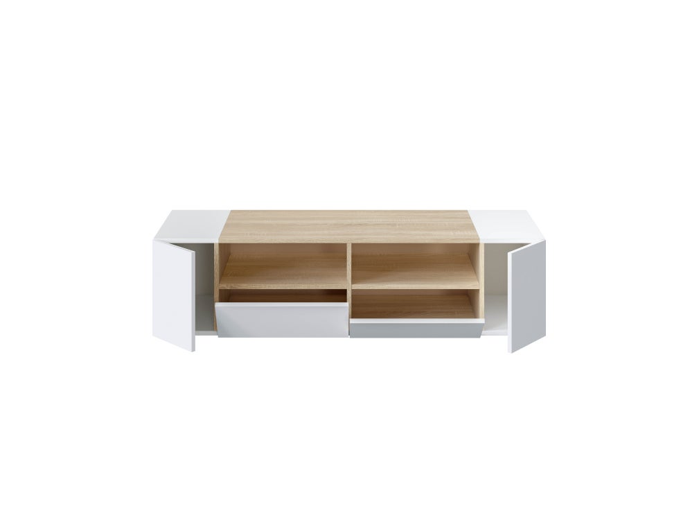 Meuble TV ALICE 4 portes et 2 niches de rangement L138cm - Blanc / Bois - 5