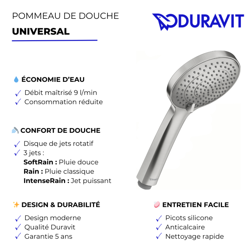 Pommeau de douche 3 jets DURAVIT Universal avec curseur Inox brossé - 4