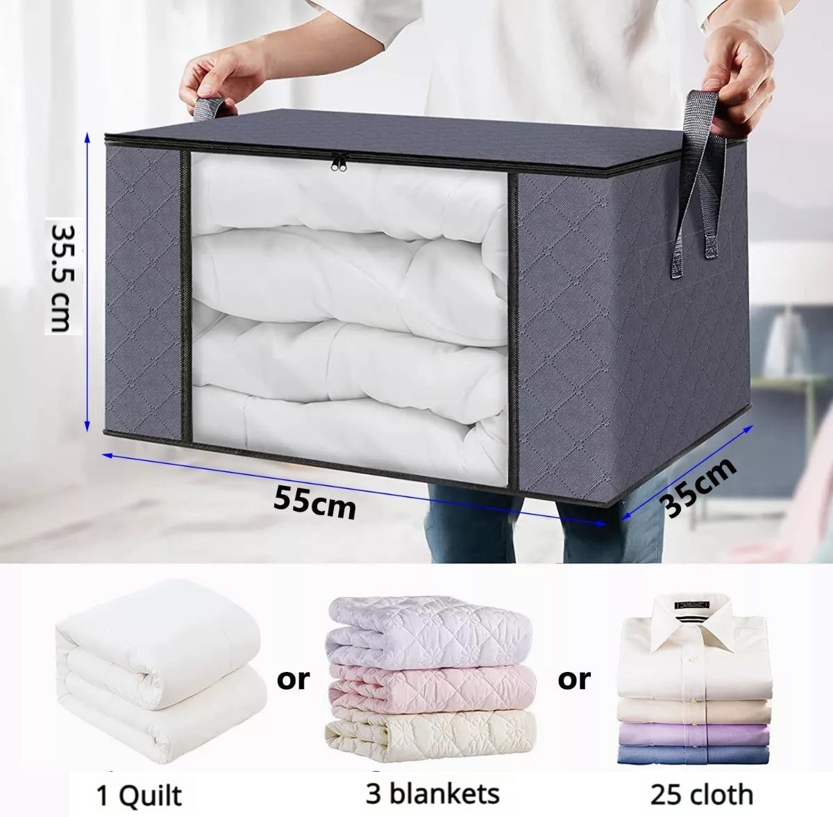KEEGH - 3 Contenitori Pieghevoli Per Biancheria Da Letto - Con Maniglie E Finestra Trasparente - 38x12.7x32 Cm - Organizer Per Armadio - 2