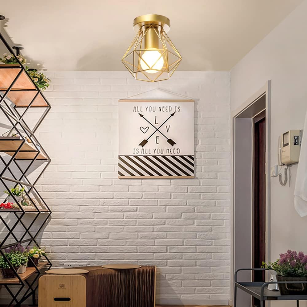 Plafonnier industrielle cage en métal fer forge, retro suspension luminaire lustre style vintage lampe de plafond, E27 base Ø16cm - Doré - 2