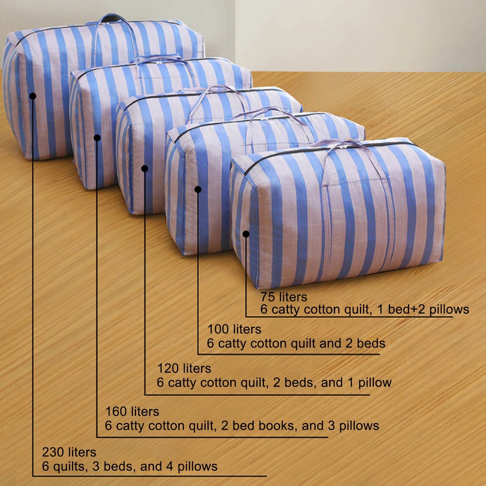 Deux sacs de déménagement, sacs d'expédition et de transport, sacs tissés rayés bleu et blanc (230 litres) - 9