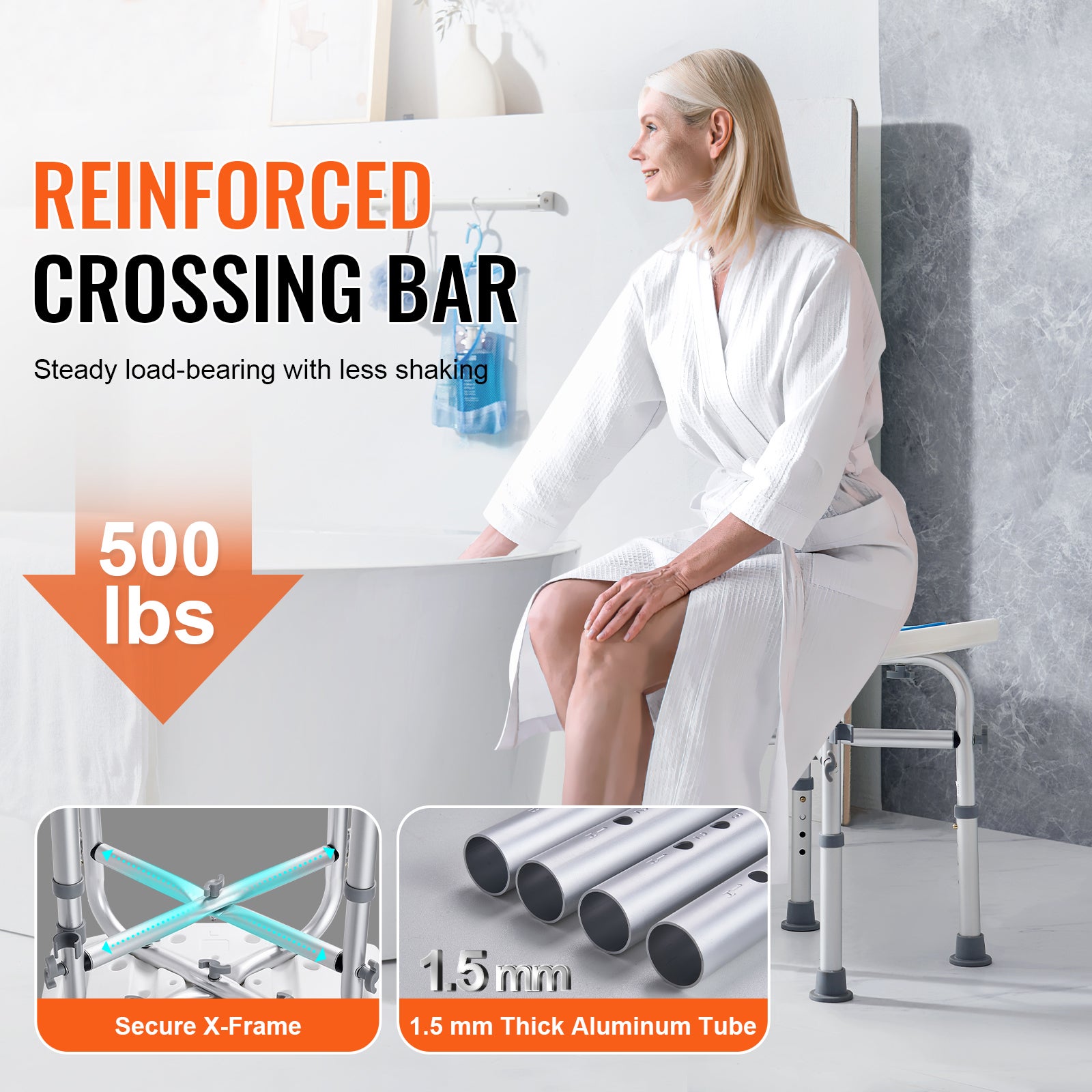 Silla de ducha ajustable en altura,SucceBuy soporte de barra transversal,taburete antideslizante,capacidad de 226,8 kg - 4