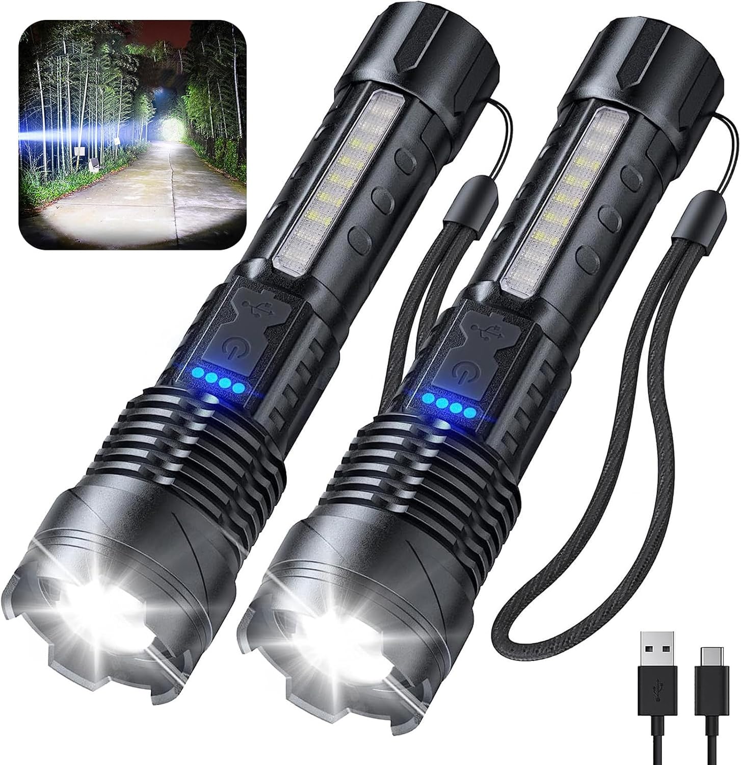Akumulatorowa latarka LED, ultra jasna, z zoomem, taktyczna, 7 trybów oświetlenia, wodoodporna IPX6 (2 sztuki)