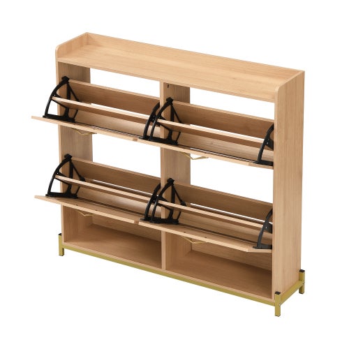 Élégant meuble à chaussures en bois avec portes en rotin – 4 portes, structure métal, étagère supérieure, rangement organisé. - 7