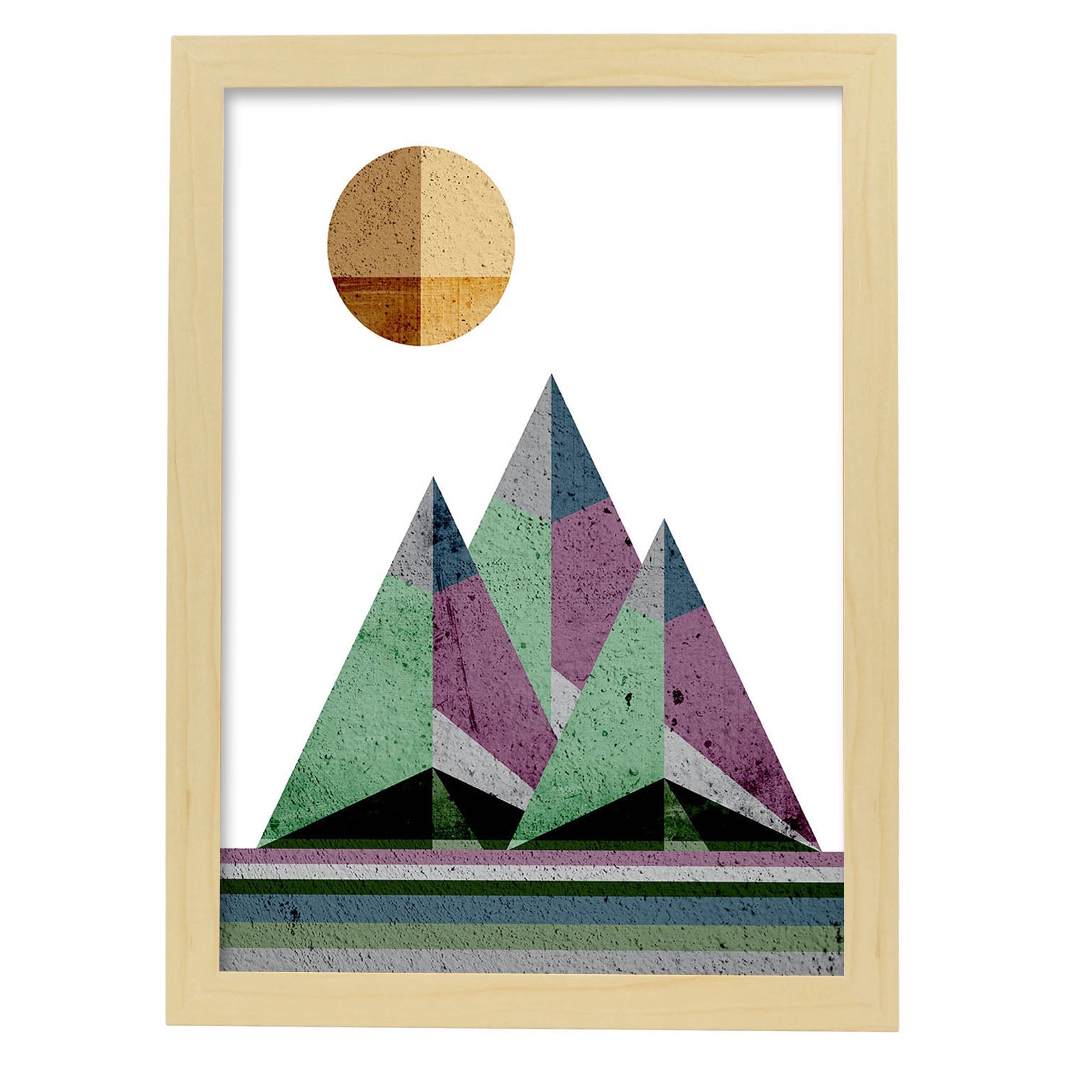Poster con dibujo de montanas geometricas. lamina montanas y sol naciente 2, ilustrada con con formas y figuras llenas de color. marco blanco a3