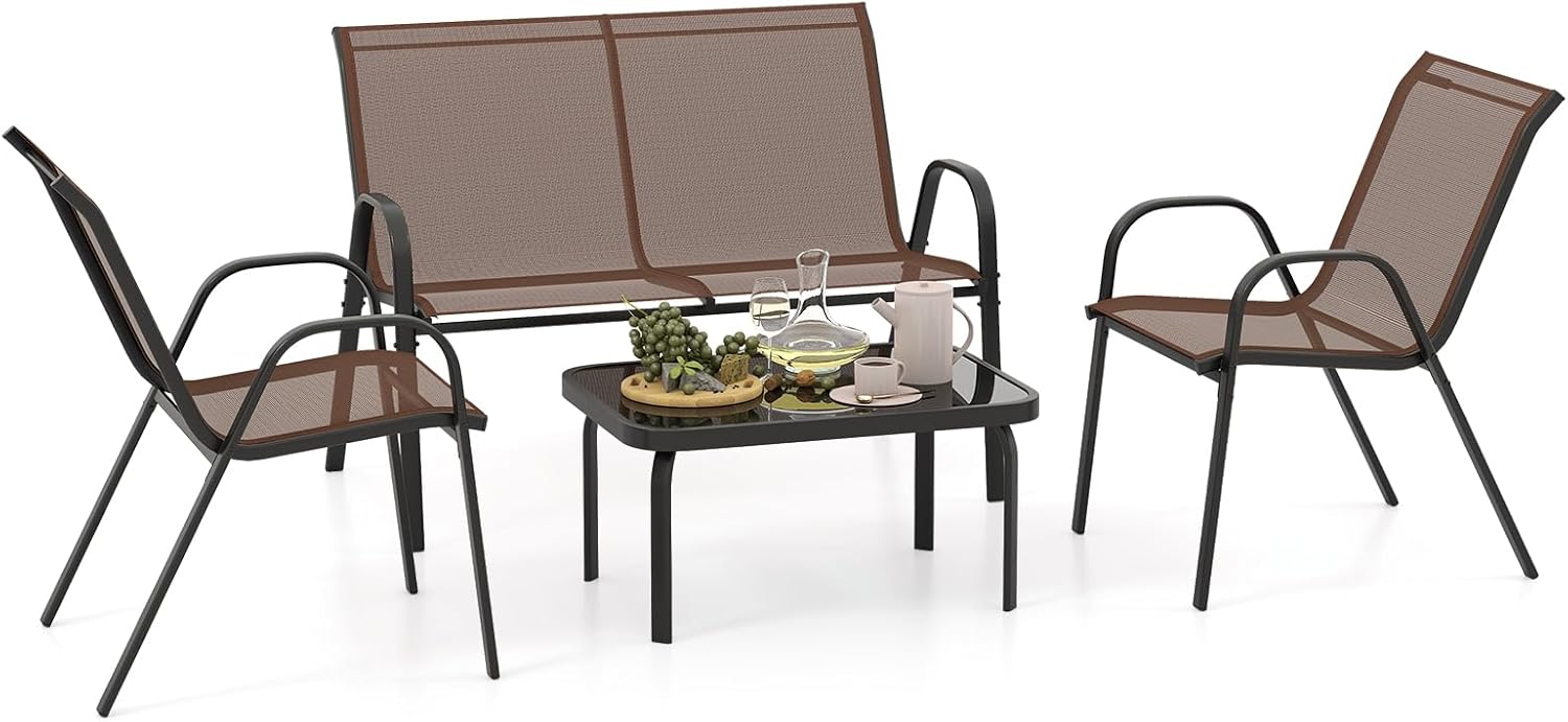 Salon de Jardin 4 Personnes Exterieur, 4 Pcs Canapé Exterieur avec Table Basse en Verre Trempée, 2 Fauteuils, pour Terrasse,Balcon (Brun) - 8