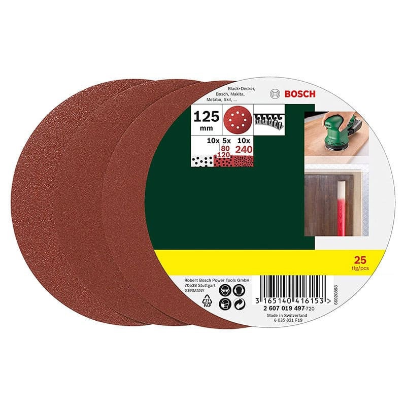 Zestaw papierów ściernych Bosch do szlifierek mimośrodowych, 25 szt., 125 mm, K80, 120, 240 - 2607019497
