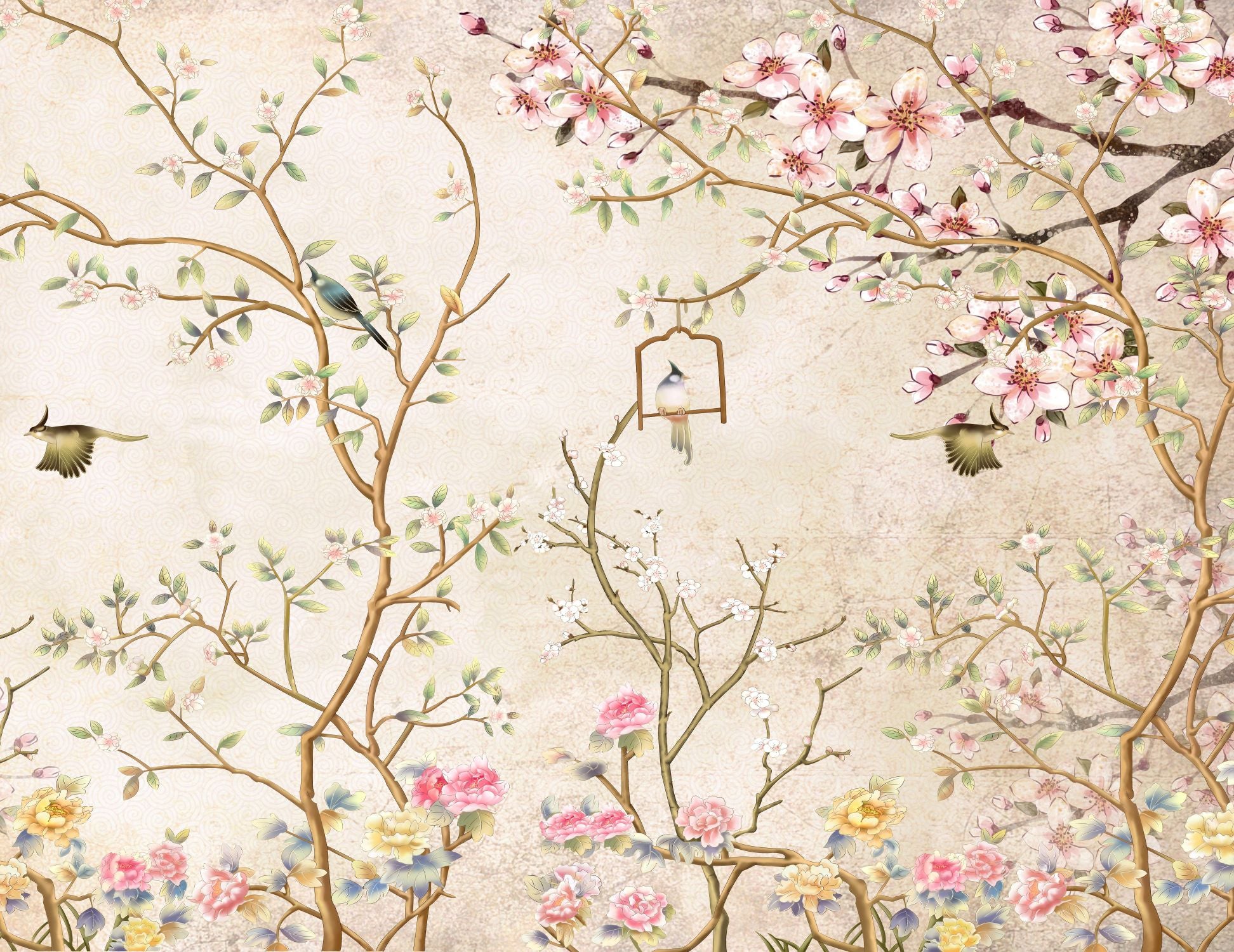 Fotomural flores y pájaros beige - 3.5 x 2.7 m - sanders & sanders