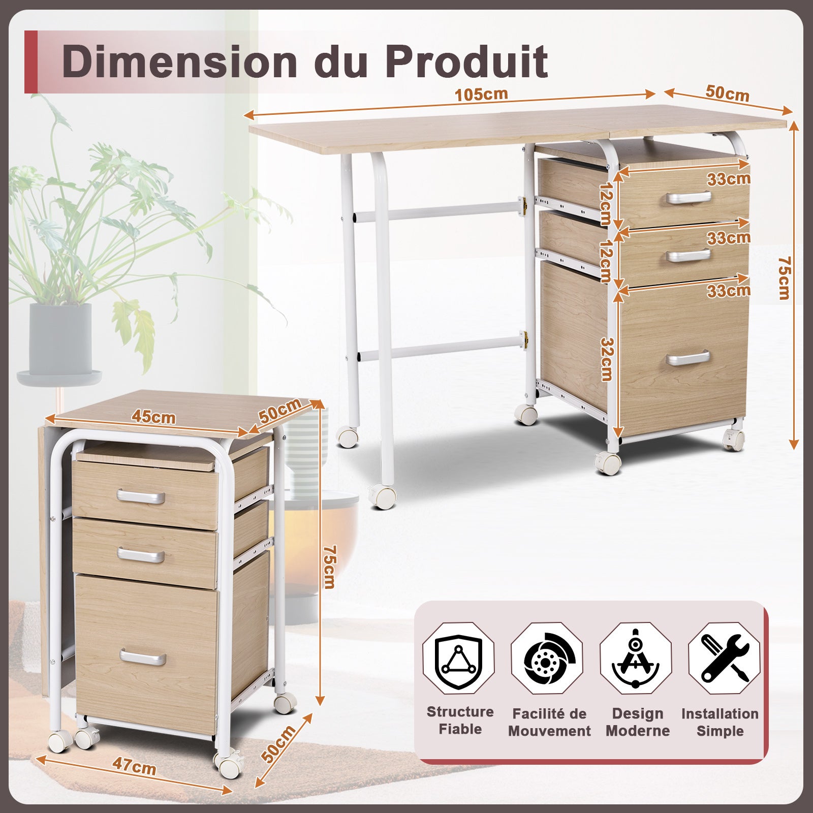 Bureau Pliable avec 3 Tiroirs, Table d'Écriture Roues Verrouillables, Bureau à Domicile Roulant avec Cadre en Métal, Naturel - 6