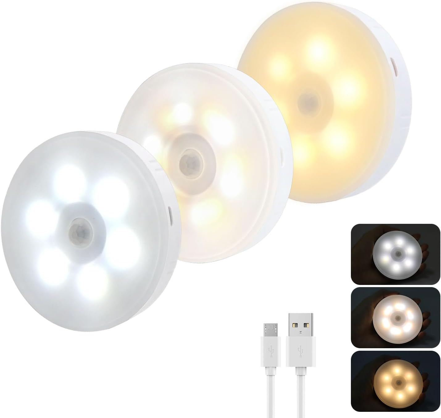 Zestaw 2 Lampek Nocnych z Czujnikiem Ruchu, 3 Kolory, Bezprzewodowa Lampka LED do Szafy, Magnetyczna Lampka Nocna USB Akumulator