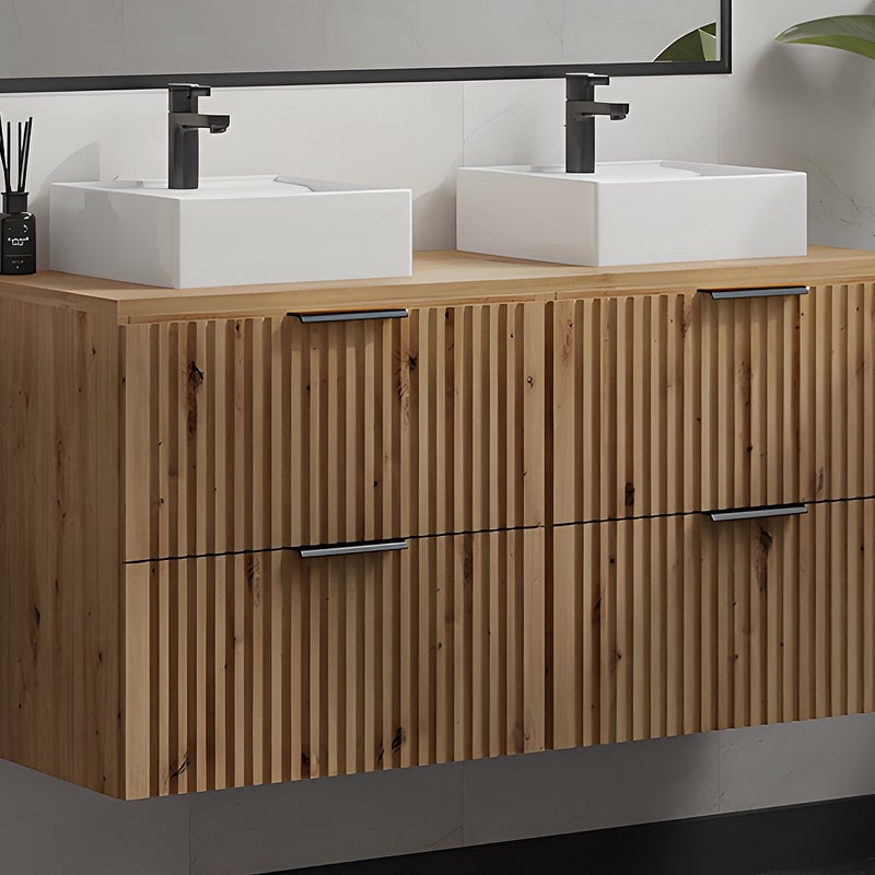 Szafka łazienkowa wisząca ryflowana z umywalką nablatową - Naturalny jasny - szer. 120 cm - ZEVARA