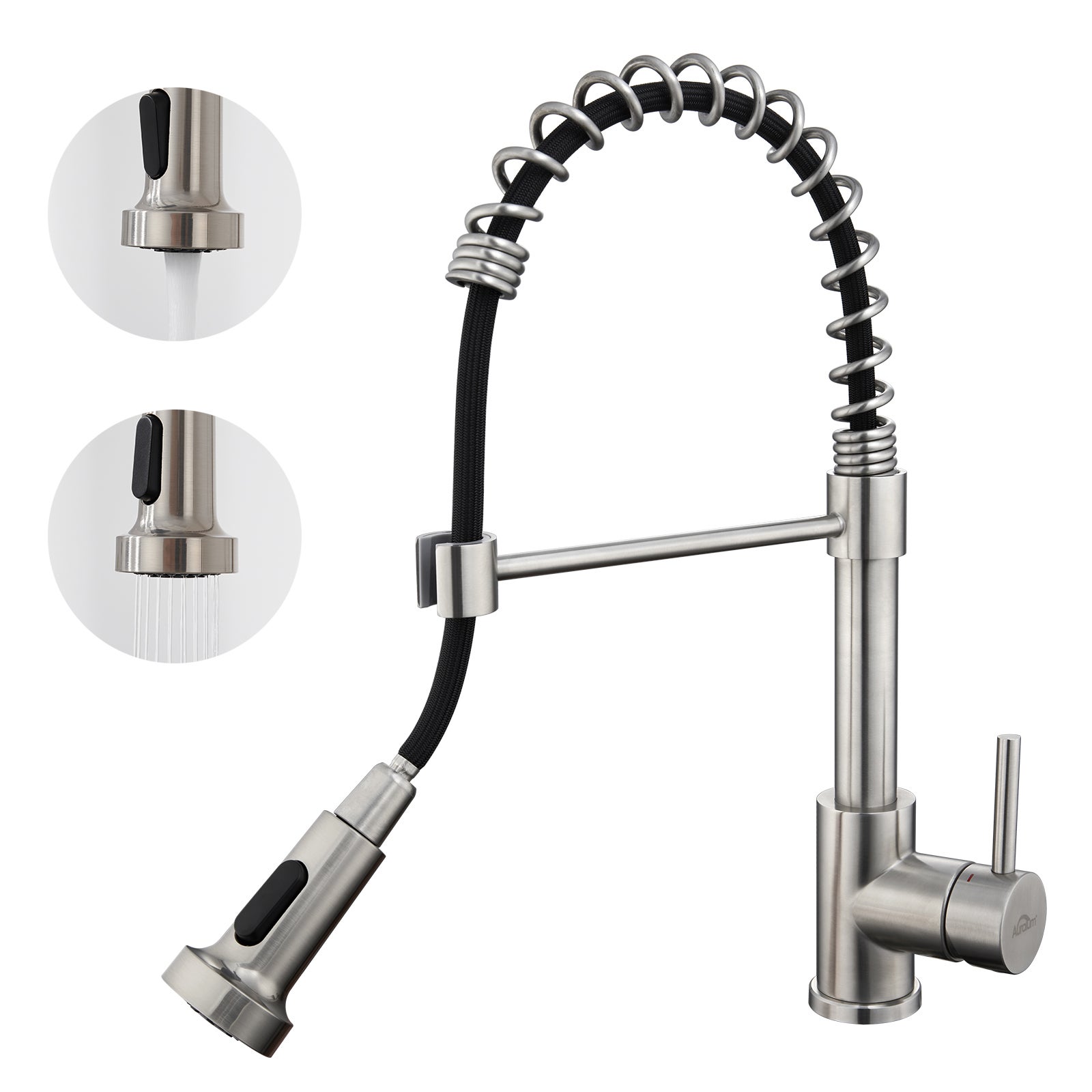 Rubinetto Cucina Nero FORIOUS - Doccetta Estraibile, 2 Flussi, Alto Getto - Acciaio Inox