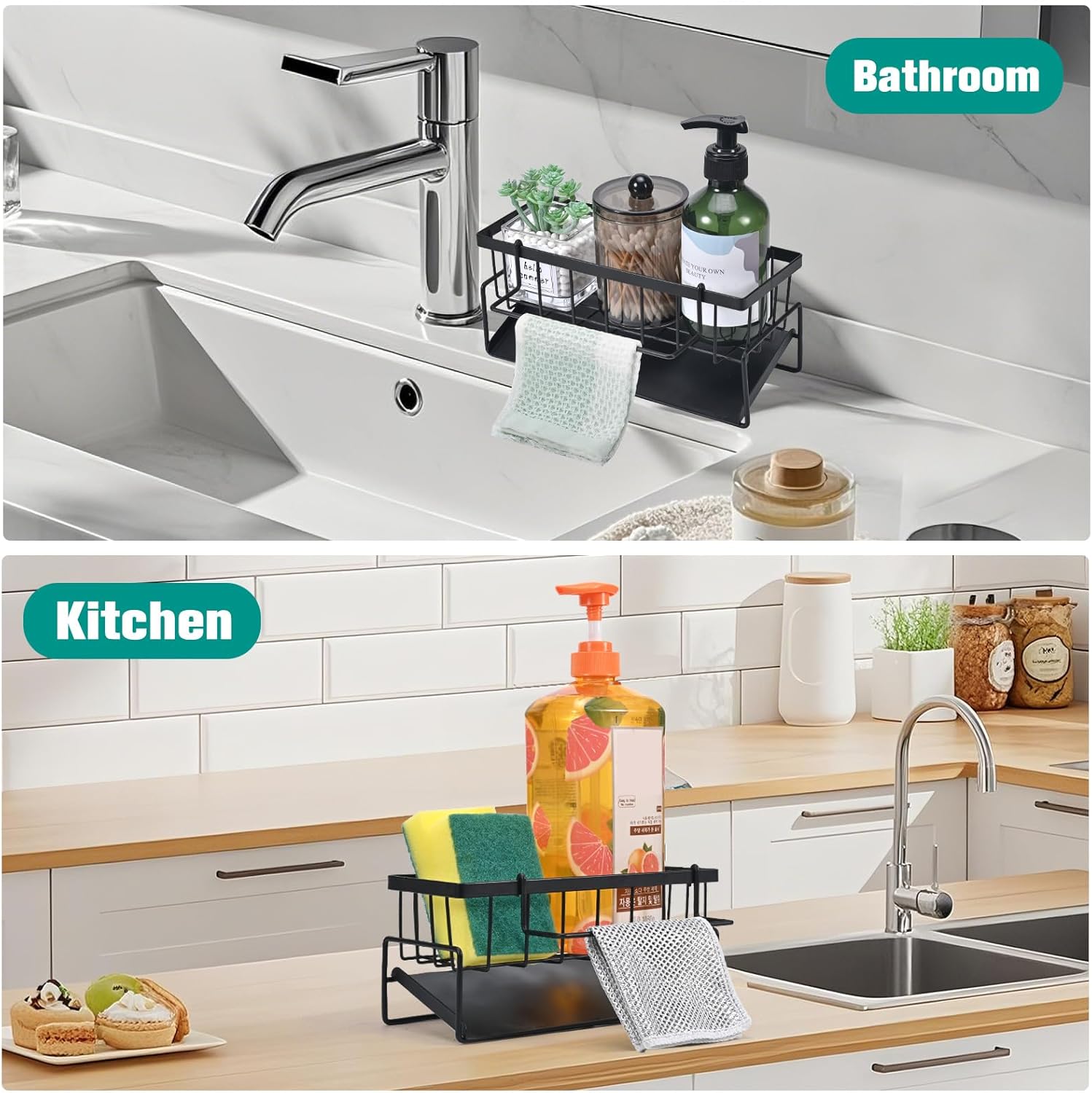 Soporte para fregadero de cocina organizador de fregadero acero inoxidable soporte almacenamiento para fregadero con bandeja drenaje automático negro - 6