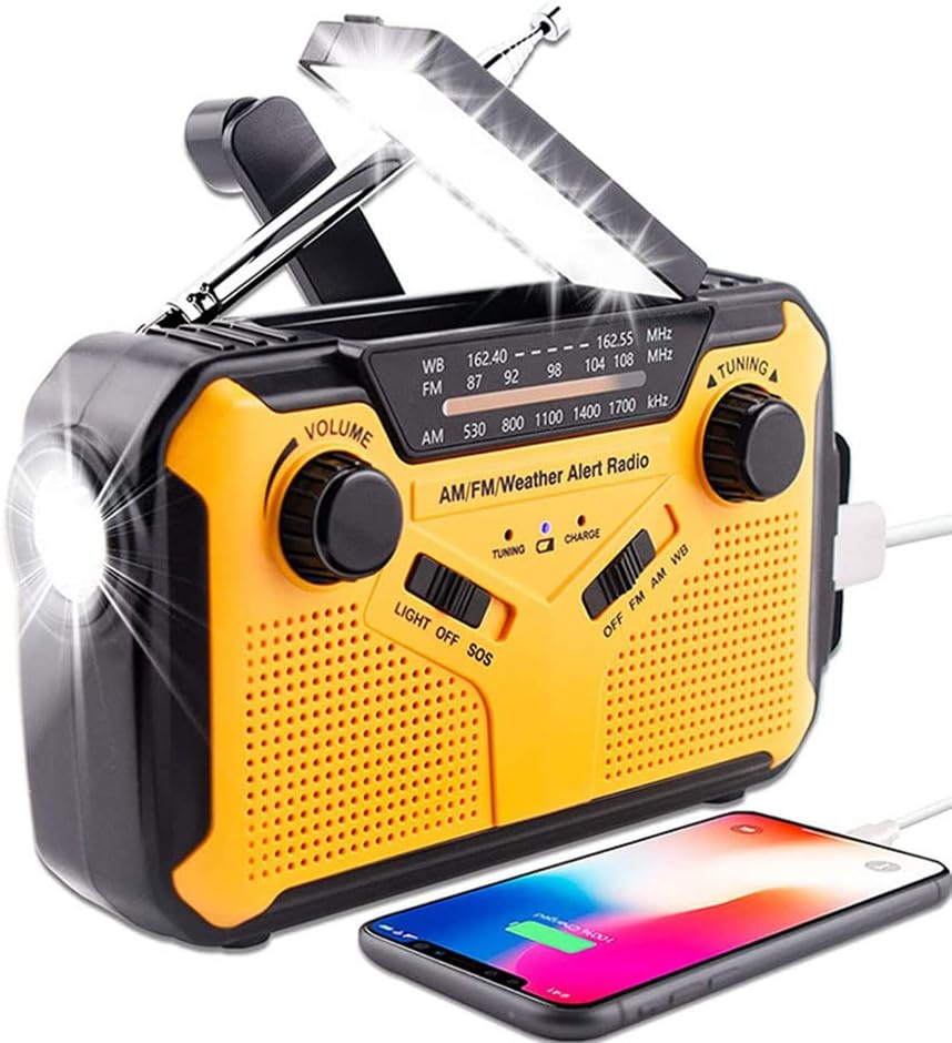 Przenośne radio survivalowe z generatorem, radio AM/FM zasilane bateryjnie z powerbankiem, alarmem SOS, latarką i panelem słonecznym