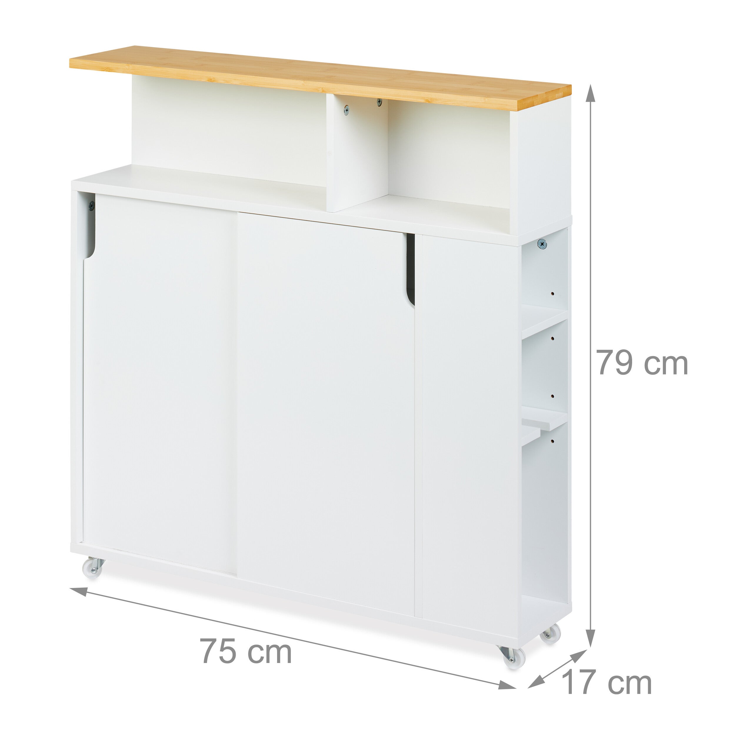 Carrito Auxiliar Estrecho, 6 Compartimentos, Portaescobillas, 79x17x75 cm, Baño, MDF, Bambú, Blanco/Natural, Relaxdays - 4