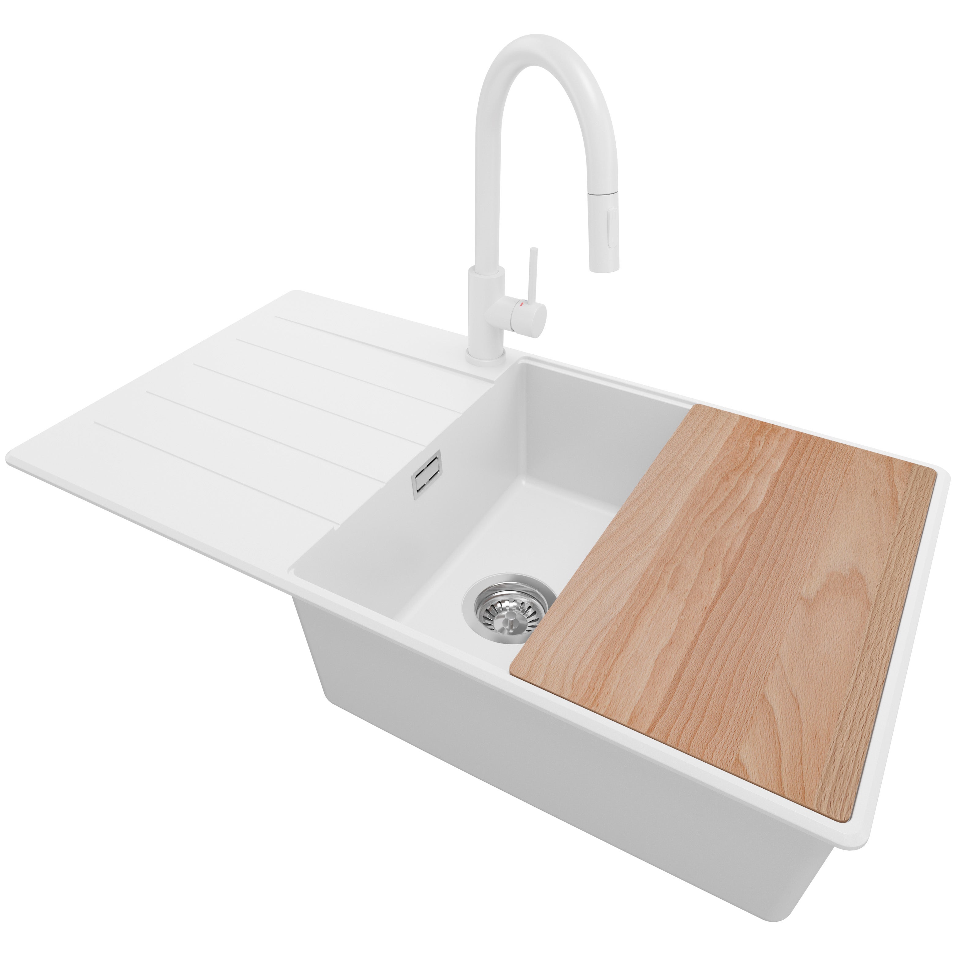 Zlewozmywak Granitowy Biały 90x50cm, Zlew Kuchenny 1 Komorowy + Bateria 40x20cm + Syfon + Deska, Nablatowy do szafki od 60cm - Kopenhaga PRIMAGRAN