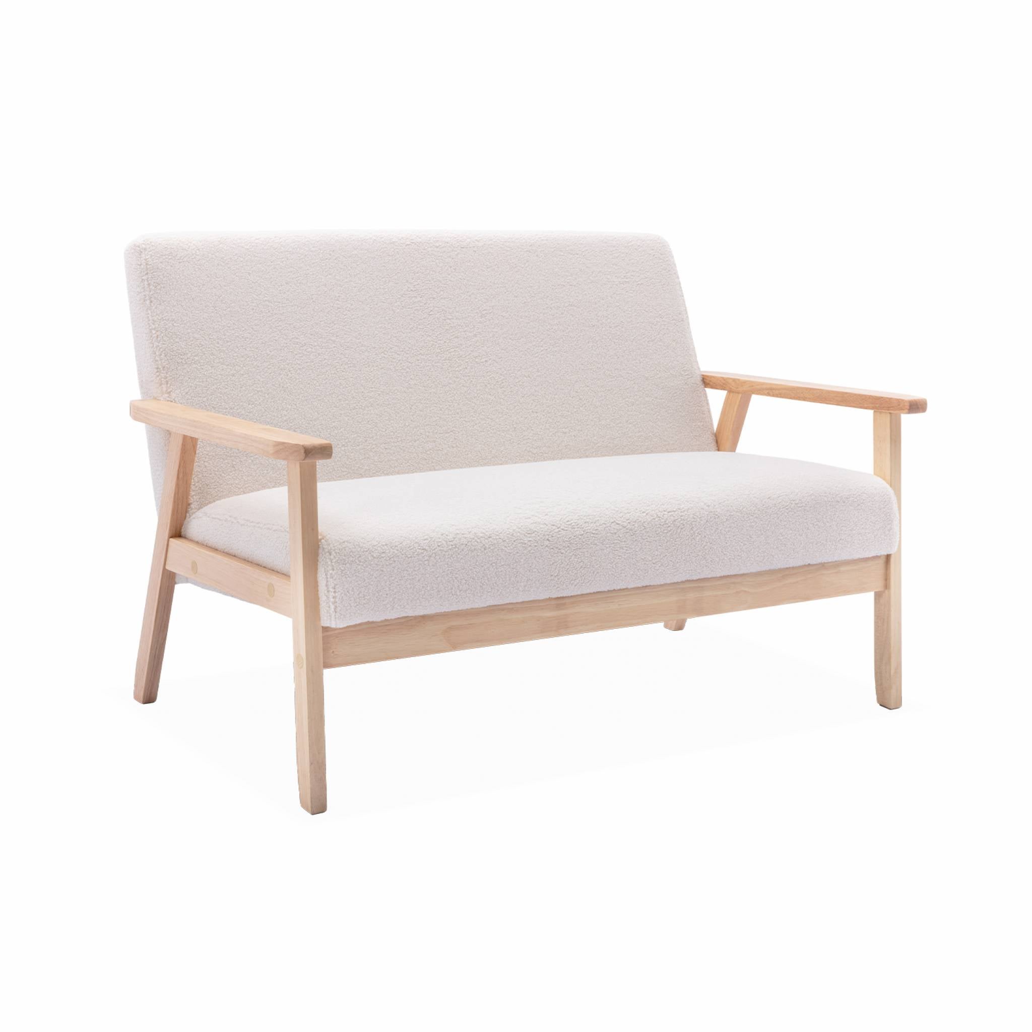 Sofá o banco de borreguito y patas de madera, 2 plazas, isak borreguito, borreguito blanco, 114x69.5x73 cm