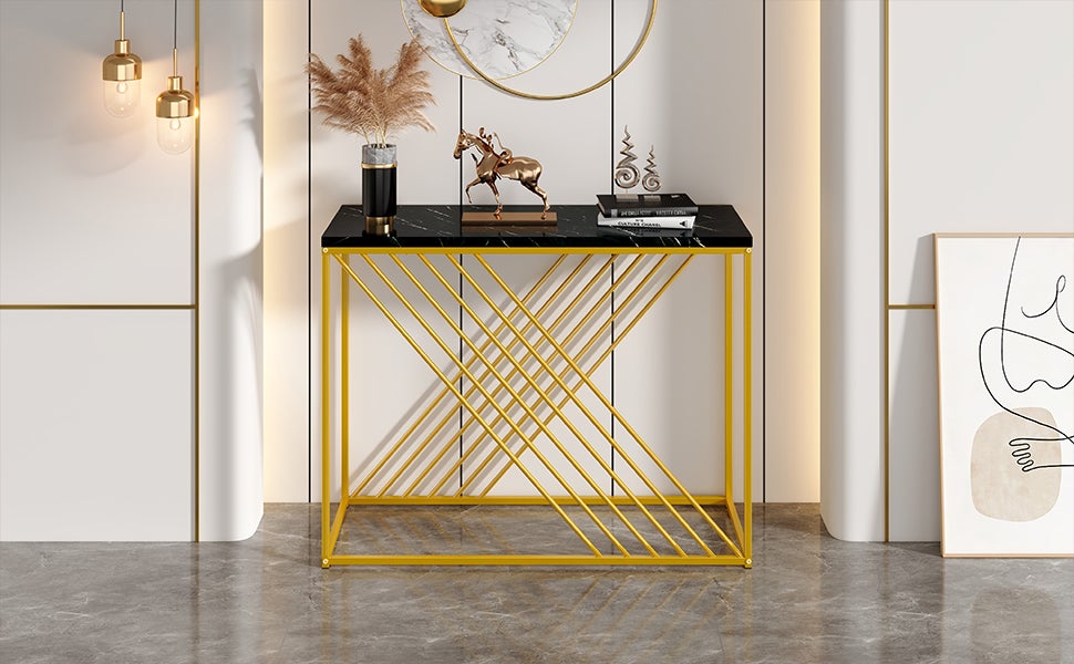 Table console moderne - 100 x 35 x 77 cm - MDF et pieds en métal dorés - pour salon, couloir - Plateau en effet marebre - Noir - 3