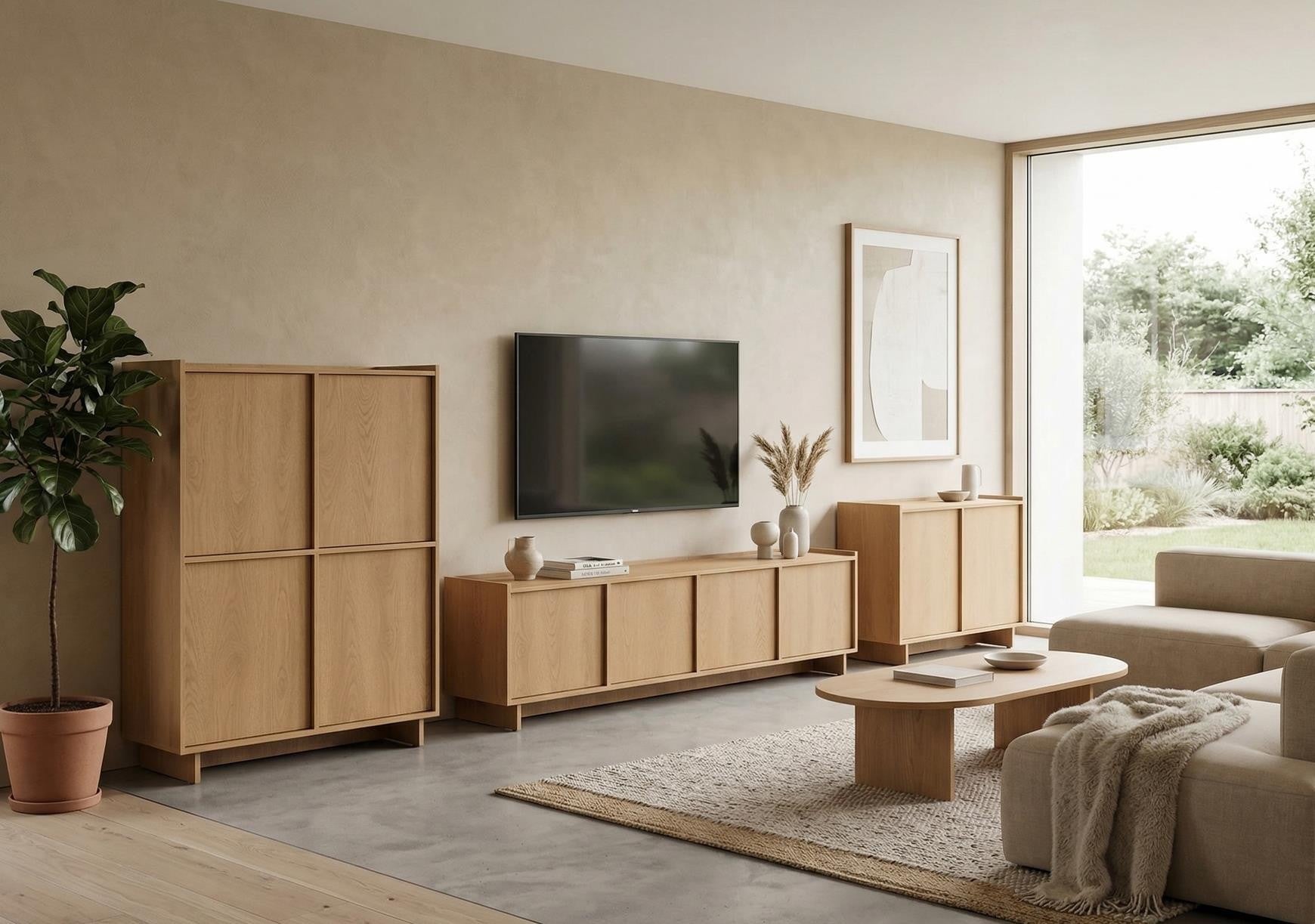 Szafka RTV 195 cm SUNA Dąb Karmel 4 drzwi bezuchwytowa Japandi - 7
