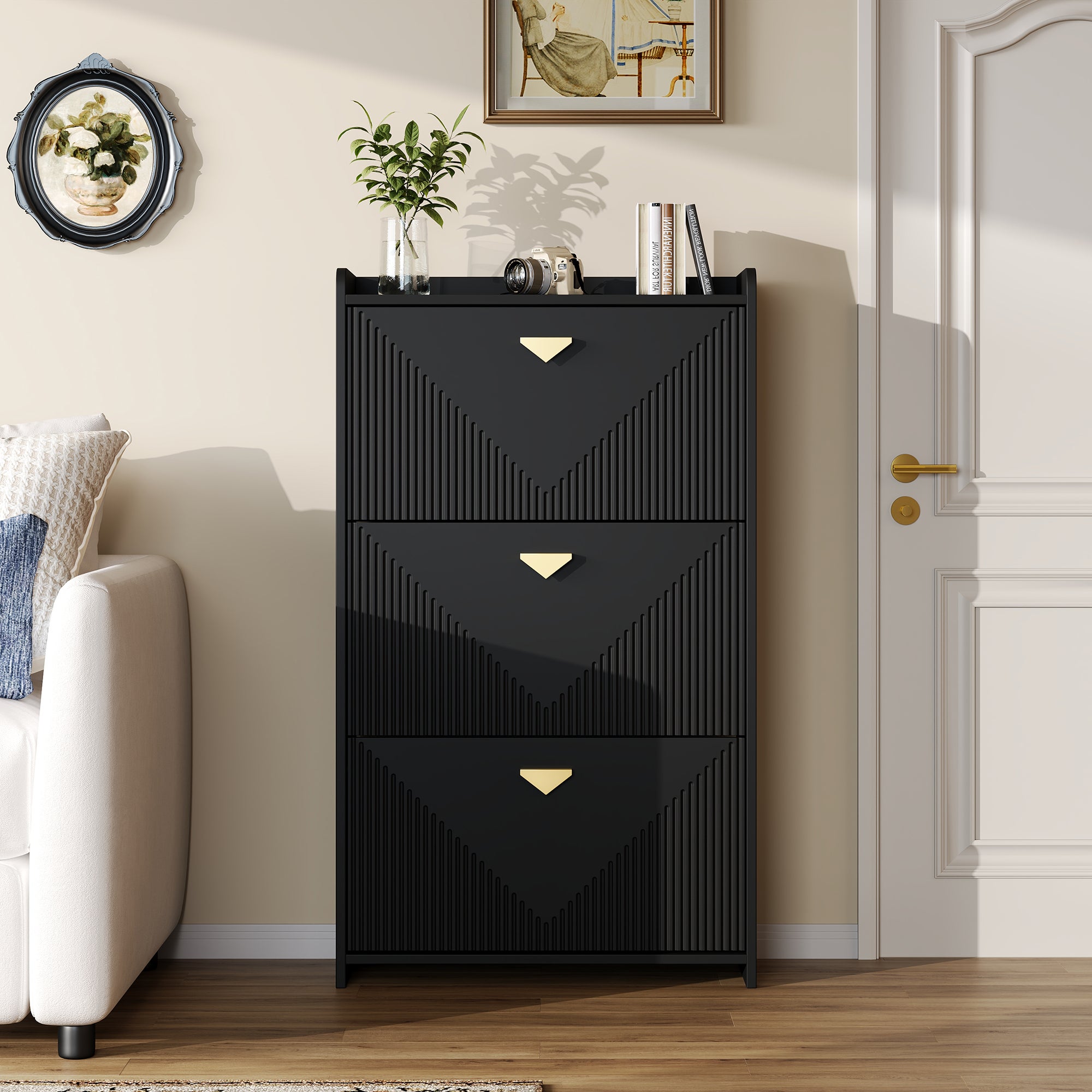 Meuble à chaussures avec 3 portes rabattables - 70 x 30 x 120 cm - MDF - Noir - 3