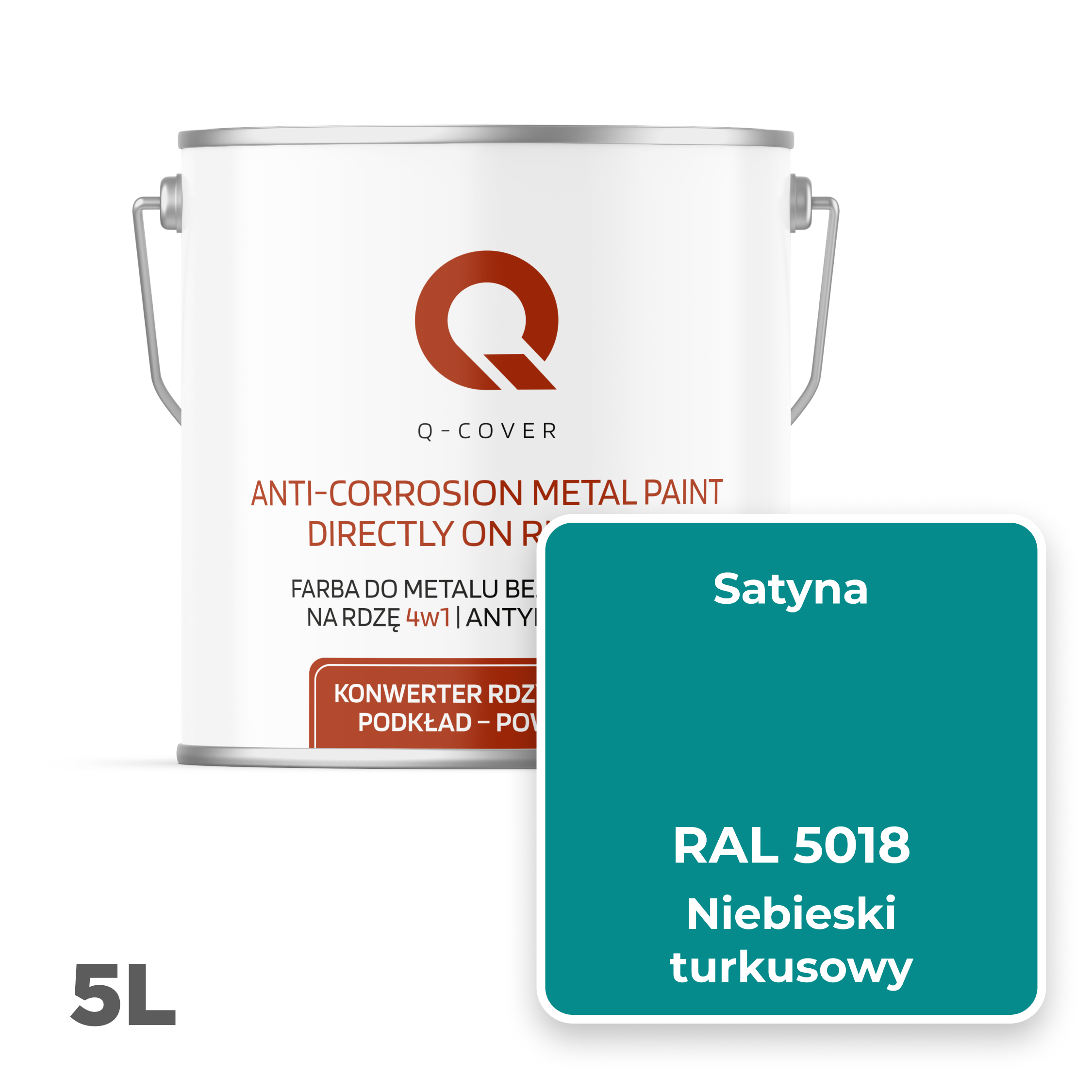 Farba do Metalu Prosto na Rdzę 4w1 Q-Cover Niebieski turkusowy RAL5018 Satyna 5L - 2