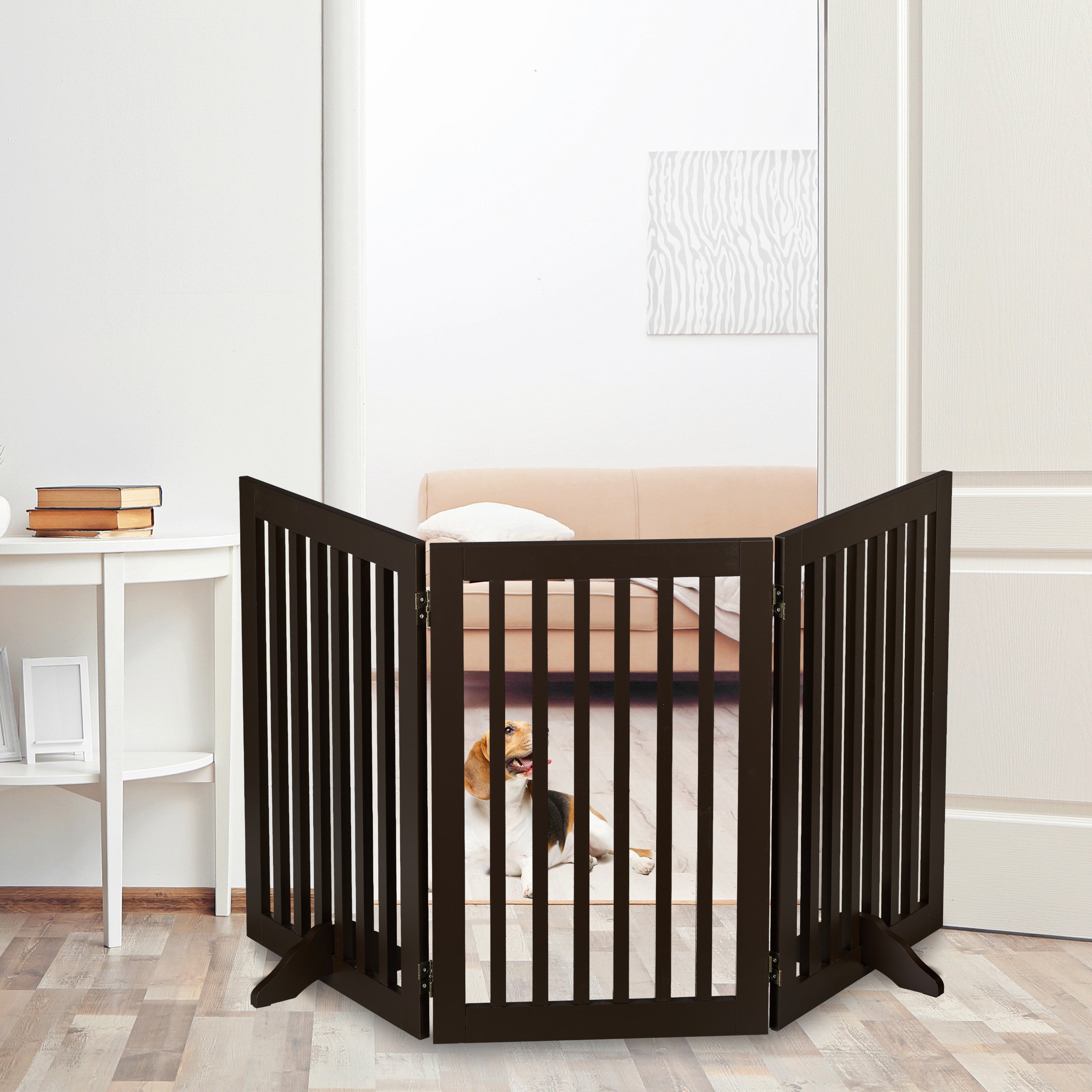 Barrière de sécurité, H x L : 92 x 205 cm, avec pieds, pliable, autonome, pour chiens, marron, Relaxdays - 6