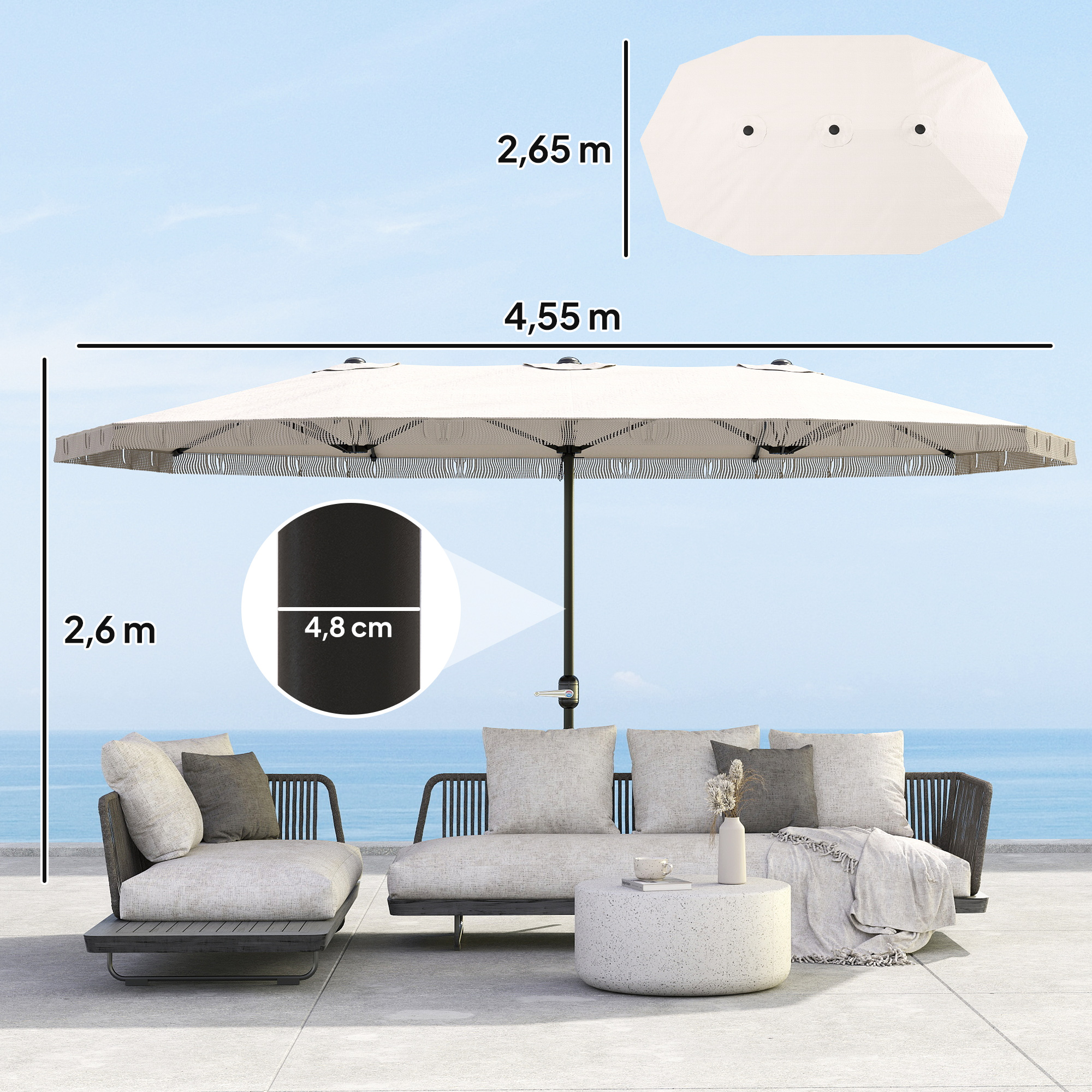 Chapéu de Sol Duplo Outsunny Poliéster e Aço Creme branco 450x265x260 cm - 4