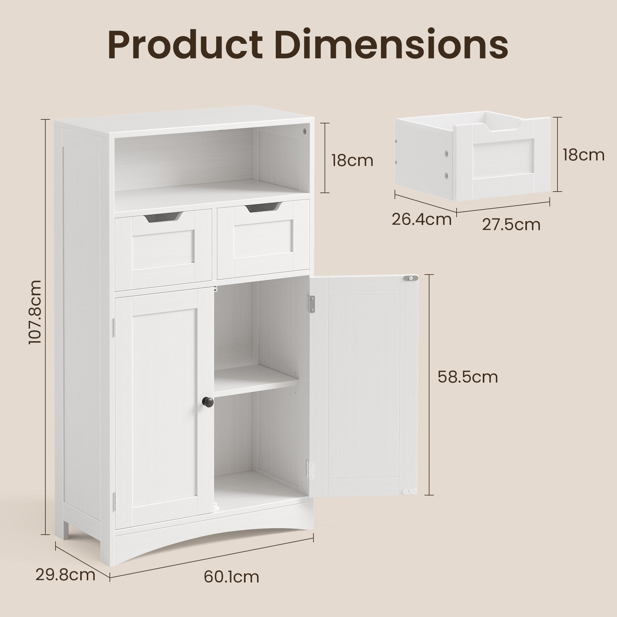 Szafka Przechowywanie Łazienka 2 Szuflady 2 Drzwi Półka Regulowana 60x30x108 cm Biały Bealife - 3