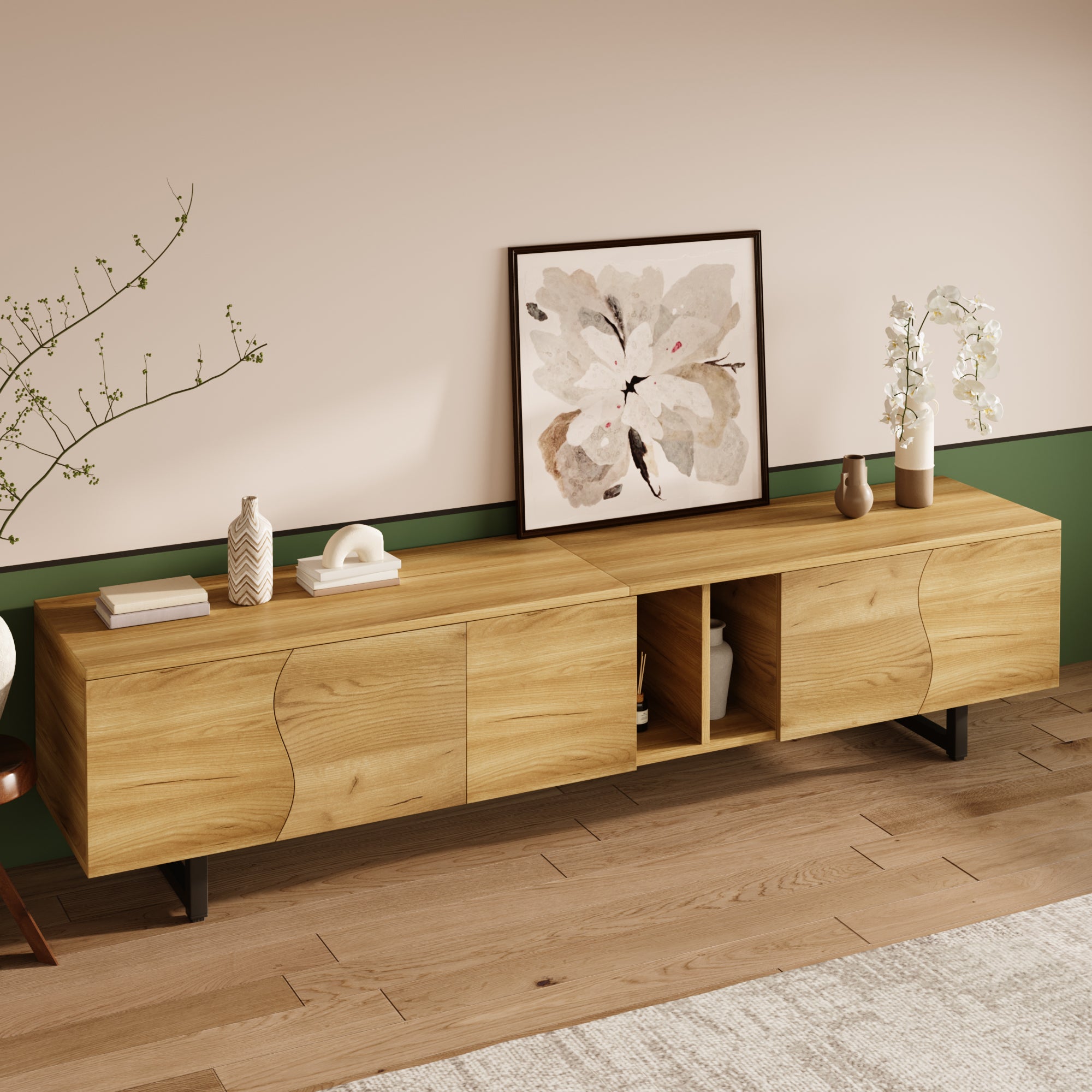 Stolik pod TV z 5 drzwiami i otwartymi przegródkami - 191 x 38 x 46,5 cm - Płyta wiórowa + MDF - Naturalny - 6