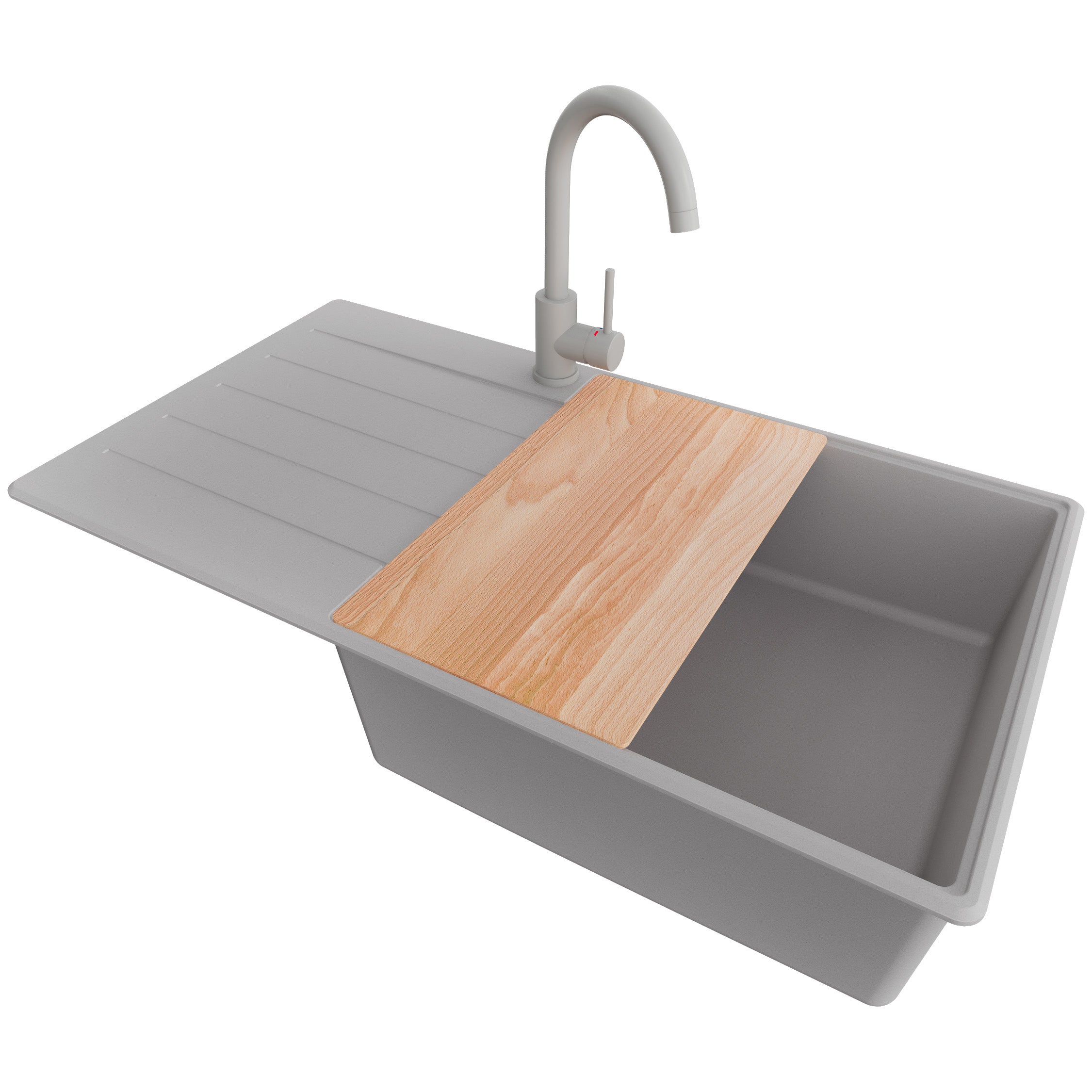 Zlewozmywak Granitowy Szary 90x50cm, Zlew Kuchenny 1 Komorowy + Bateria 32x20cm + Syfon + Deska, Nablatowy do szafki od 60cm - Kopenhaga PRIMAGRAN