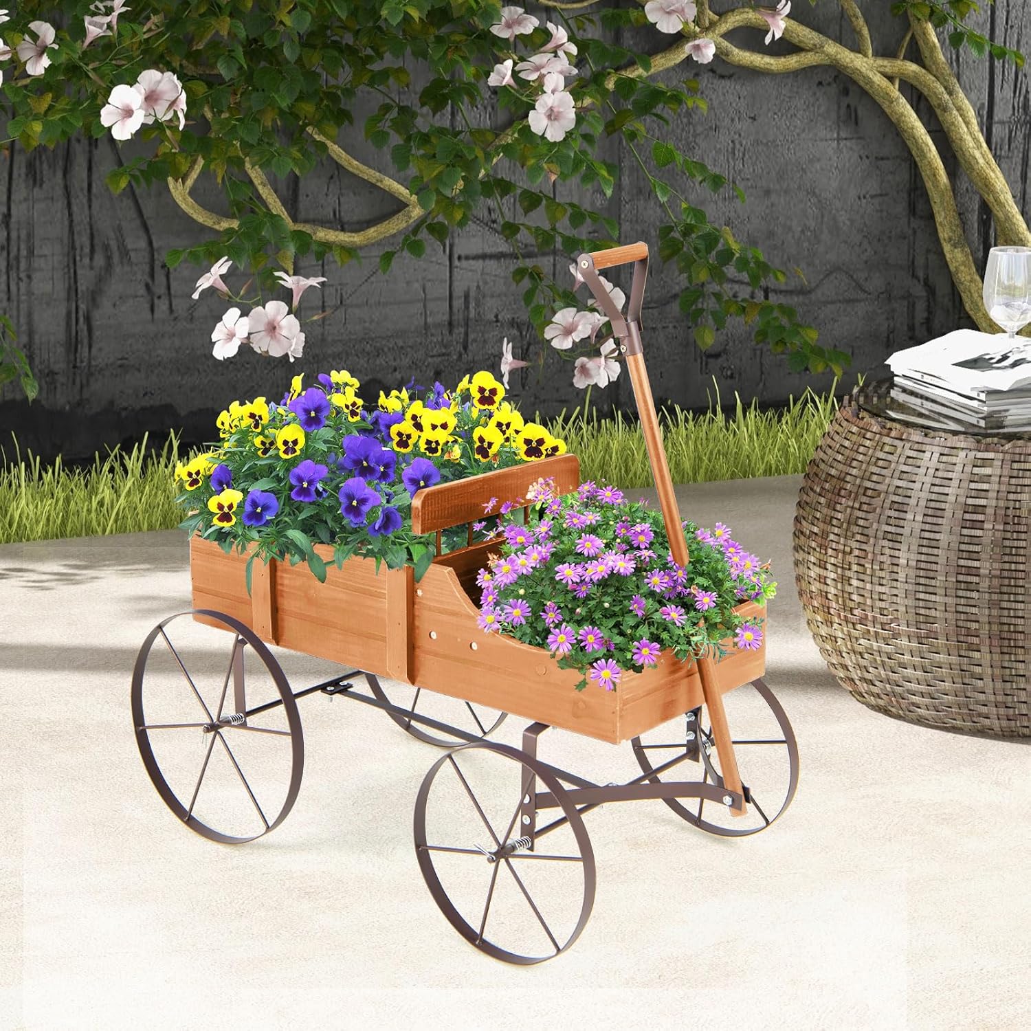 Brouette Décorative en Bois avec 2 Compartiments à Planter, Jardinière avec Roues Métalliques et Poignée à l'avant Charge 15kg (Orange) - 2